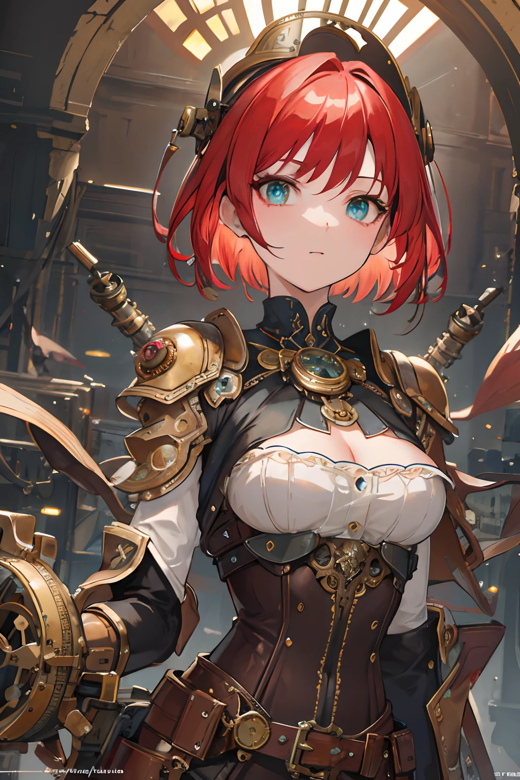 {{masterpiece}}, top-quality, Delicate background,Ultra-detailed CG Unity,8k wallpaper, lensflare, beautidful eyes,Bery short hair,Quirk hair,Cool Face,Red hair,greeneyes,Gear Costume,Brass surrounding the gemstone,Glittering Gems,Victorian,brass,Rust,steampunc,Leather corset,gear wheel,(Perfect Anatomy),Steampunk background,Decadent,Gear Goggles,Wear gear and leather goggles on your head,Brass Accessories,mechanical clothing,perfect hand.