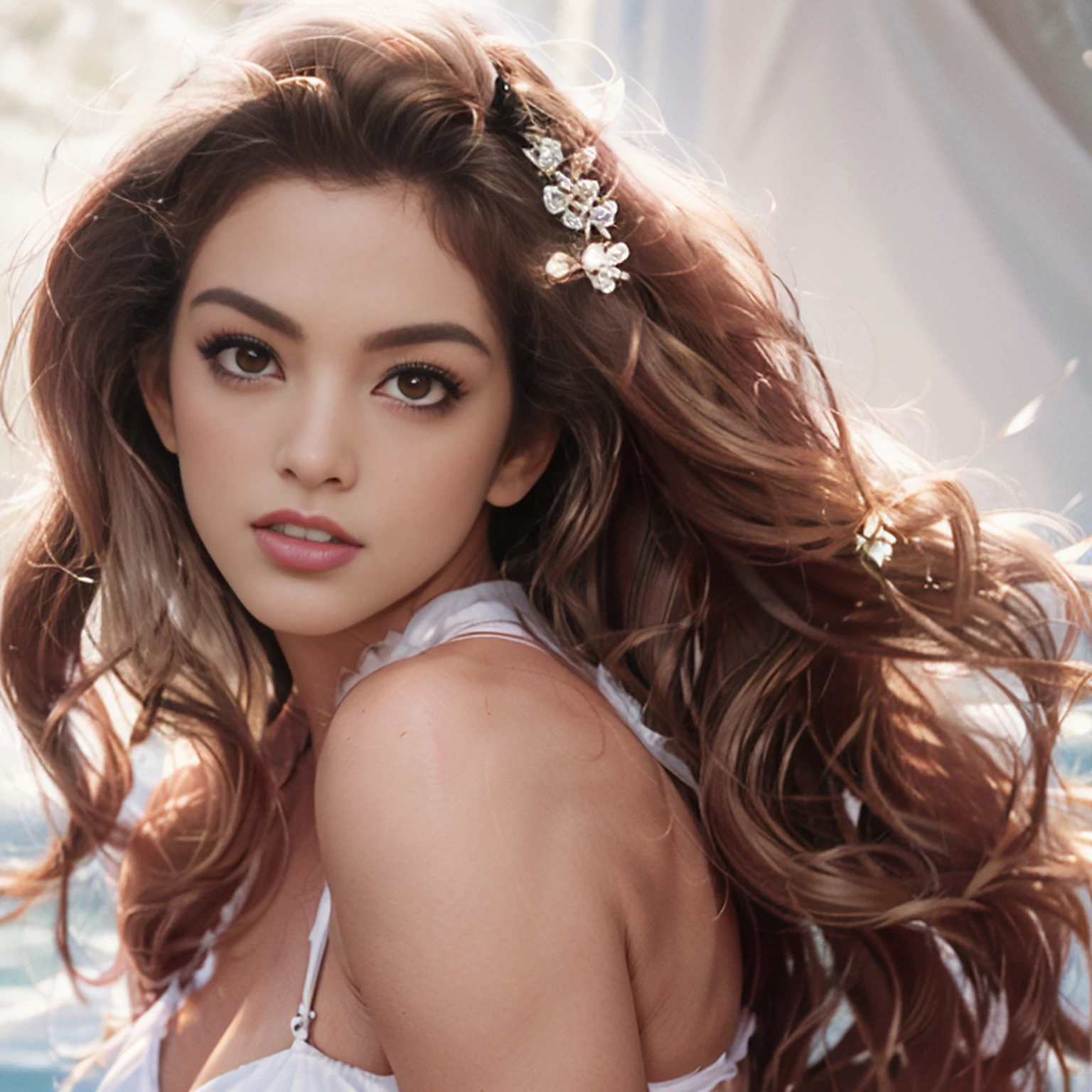 melhor qualidade,4k,8k,A high resolution,master part:1.2),ultra-detalhado,(Realistic,fotorrealista,photo-realistic:1.37),Retrato,mulher,long flowing hair,Whitish iris,olhar vago,plump pink lips,The ends of the hair have white flowers,Figura graciosa,medium shot,vestido preto.Pernas longas delicadas