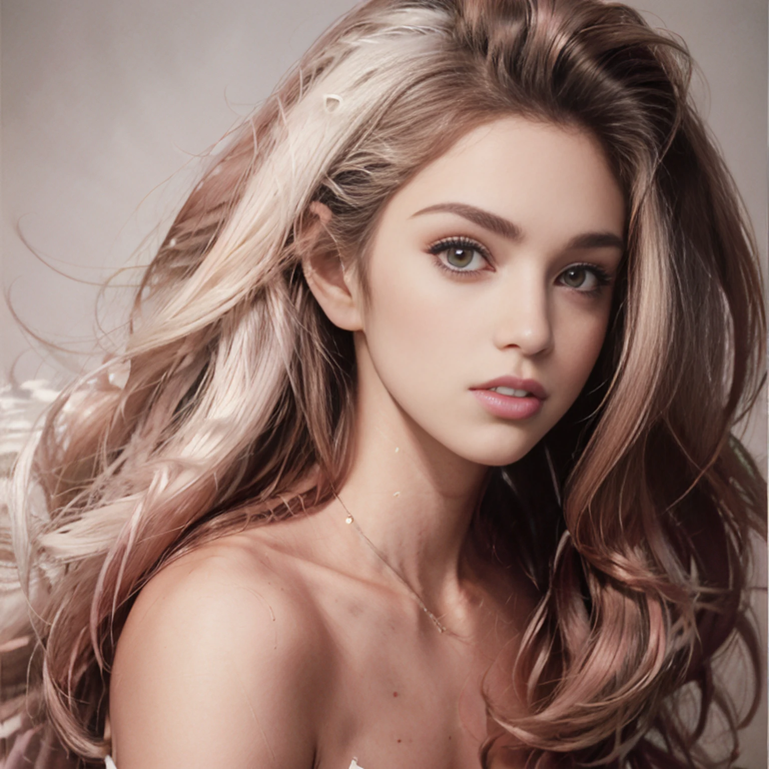 melhor qualidade,4k,8k,A high resolution,master part:1.2),ultra-detalhado,(Realistic,fotorrealista,photo-realistic:1.37),Retrato,mulher,long flowing hair,Whitish iris,olhar vago,plump pink lips,The ends of the hair have white flowers,Figura graciosa,medium shot,vestido preto.Pernas longas delicadas