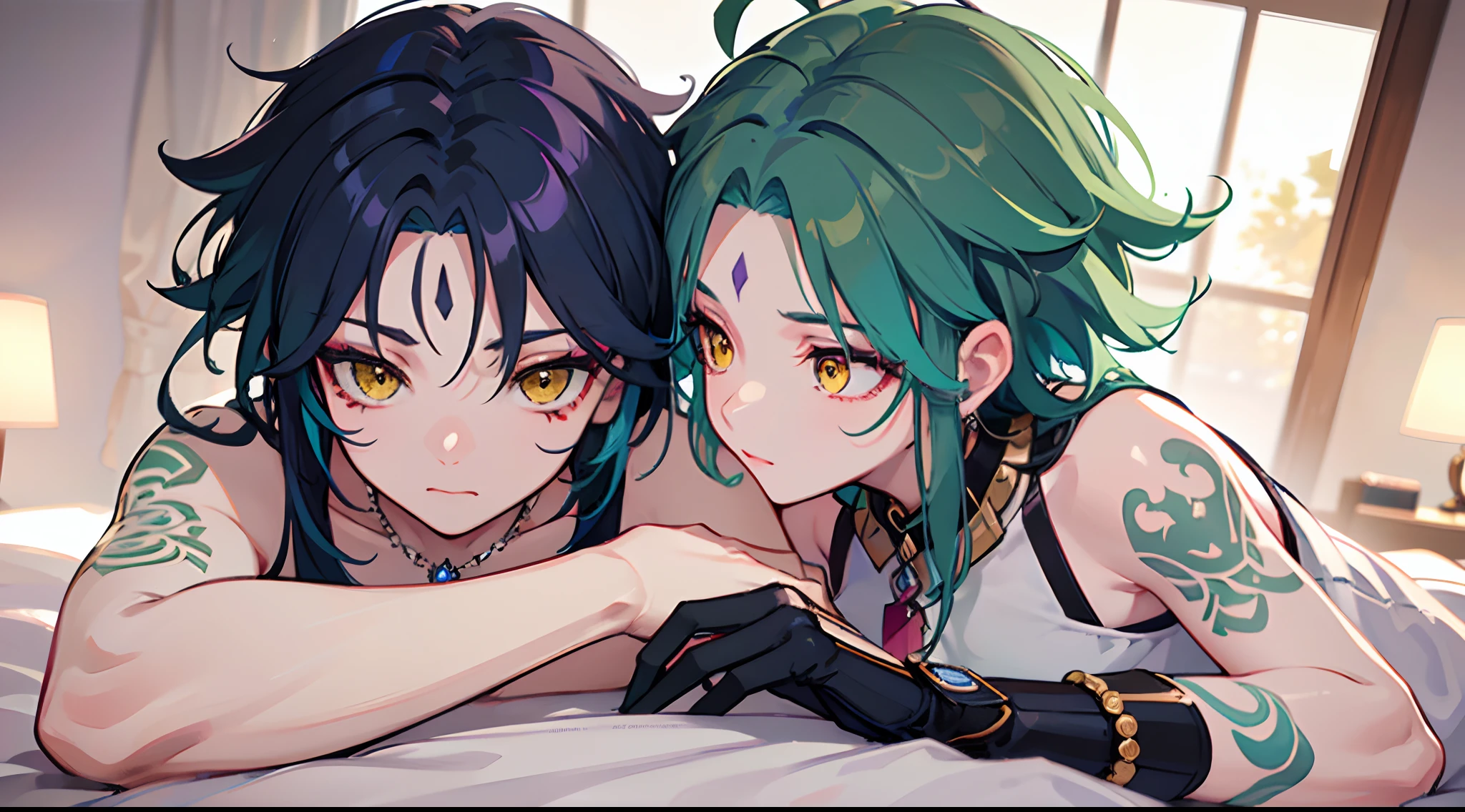 best quality, best anatomy, beautiful face, press arm on bed, xiao, (genshin impact), gloves, tattoo, arm tattoo, necklace, jewelry,green hair, bead necklace, mark on forehead, purple mark on forehead, multicolored hair, beads, yellow eyes, 1boy, male focus, high detail,best quality, detail hands, detail face, illustrator, masterpiece, 8K HD, shine, inside, ceiling behind, side view, side pov, looking at bed