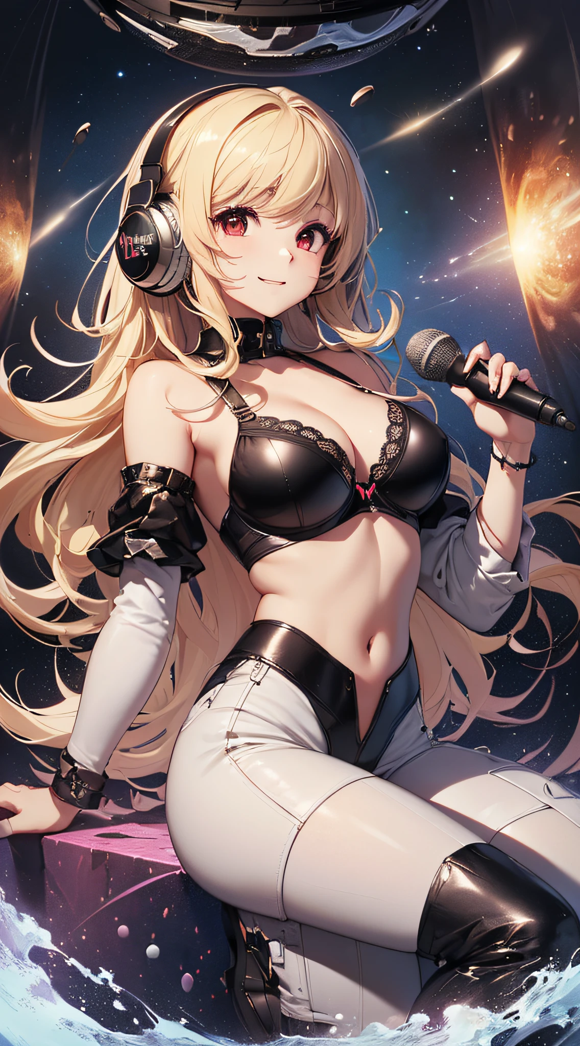 top-quality、Top image quality、masterpiece、girl with((cute little、18year old、Best Bust、Medium bust、Bust 85,Red eyes to issue、Breasts wide open,Valley、Blonde long hair、A slender、Black leather bra、White trousers、happily face、weightless、float、splatters、levitation、Headphones with black microphone、posterior view)hiquality、Beautiful Art、Background with((kosmos、mid air、meteors、black hole)),masutepiece、Elaborate design、visualart、depth of fields、Being in the air、weightless