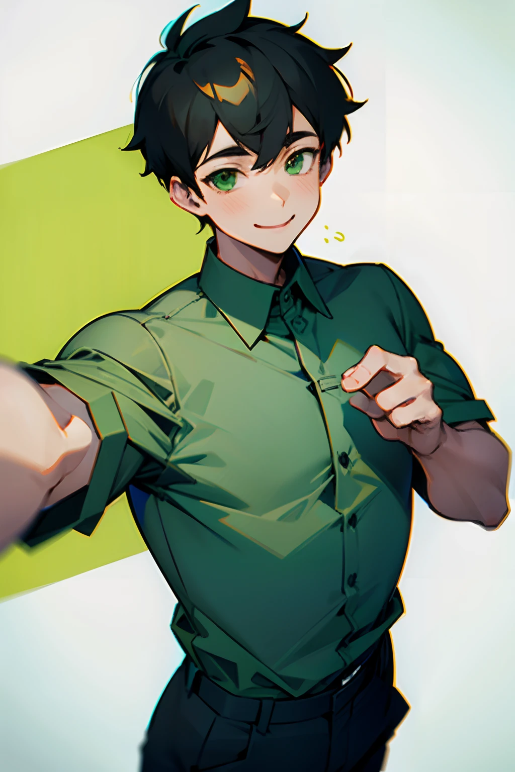 1boy, short black hair, green eyes, grey shirt, work trousers, smile, chubby,