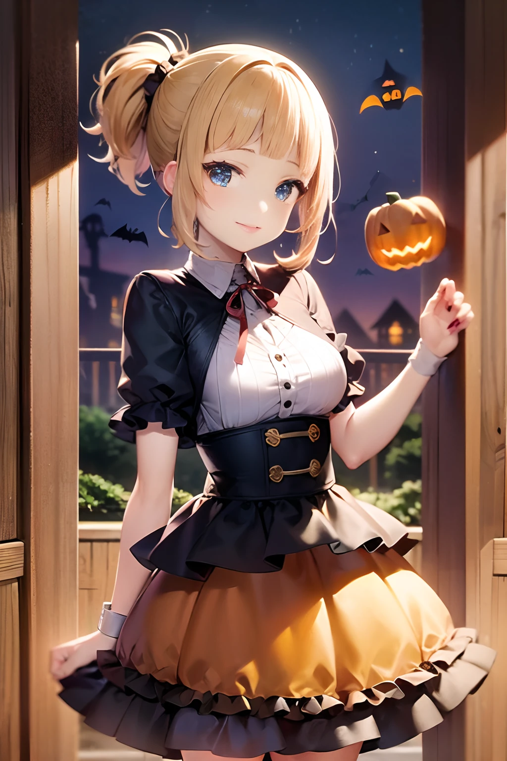 Halloween, ((Halloween Costumes:1.5)), ((skirt by the:1.5)), BREAK, very detailed face and eyes, ((Kyoto Animation Style)), super precision, ​masterpiece, very extremely beautiful, Princess Face,  shorth hair, Straight hair, a blond, ((Short ponytail:1.5)), ((Straight bangs:1.5)), ((hime-cut:1.5)), Blue eyes, ((medium breasts)), BREAK, Red ribbons, cowboy  shot, dynamicposes, gland, A slight smil, frombelow, shrines, chapel, is standing, frombelow, a closed mouth, kawaii faces,