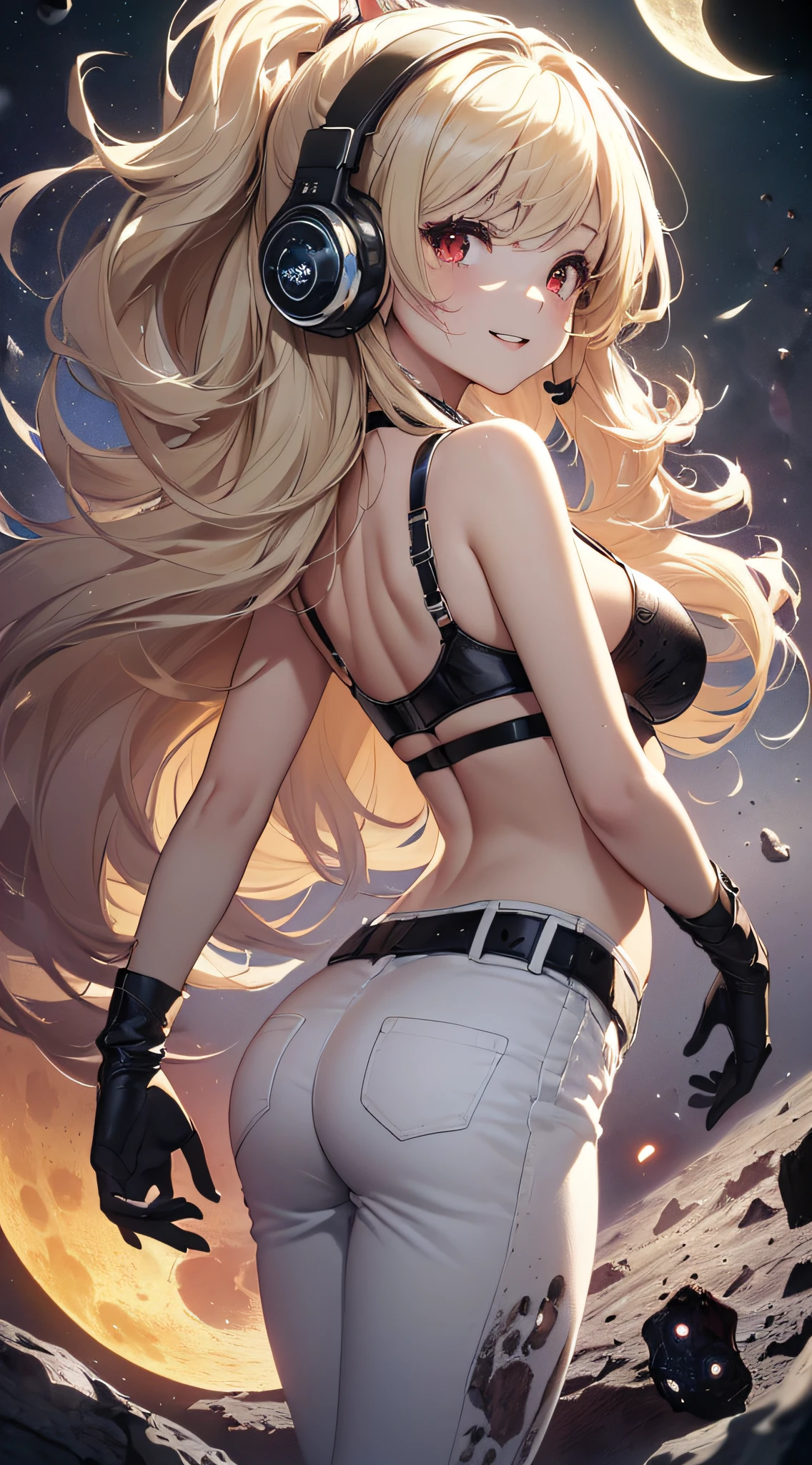 top-quality、Top image quality、​masterpiece、girl with((cute little、18year old、Best Bust、Medium bust、Bust 85,Red eyes to issue、Breasts wide open,Valley、Blonde long hair、A slender、Black leather bra、White trousers、happily face、weightless、float、splatters、levitation、Headphones with black microphone、posterior view）hiquality、Beautiful Art、Background with((Lunar surface、meteors、black hole)),masutepiece、Elaborate design、visualart、depth of fields、Being in the air、weightless