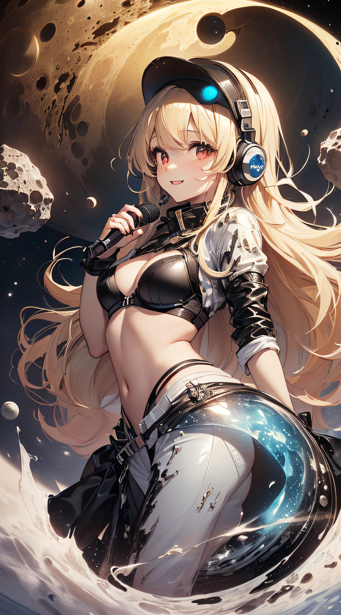 top-quality、Top image quality、​masterpiece、girl with((cute little、18year old、Best Bust、Medium bust、Bust 85,Red eyes to issue、Breasts wide open,Valley、Blonde long hair、A slender、Black leather bra、White trousers、happily face、weightless、float、splatters、levitation、Headphones with black microphone、posterior view）hiquality、Beautiful Art、Background with((Lunar surface、meteors、black hole)),masutepiece、Elaborate design、visualart、depth of fields、Being in the air、weightless