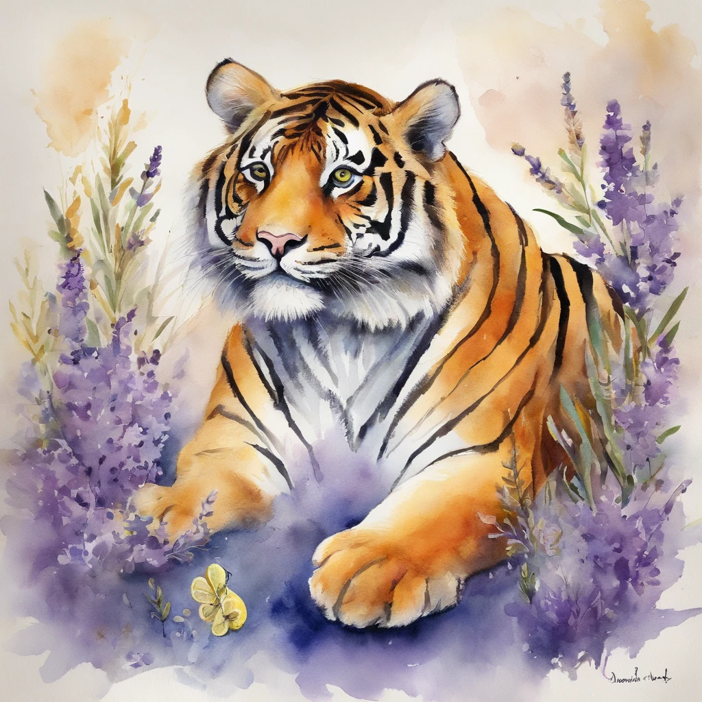 a tiger、kawaii、lemon、naturey、organics、picture book、line-drawing、simple、charicature、Pen drawing、吉卜力、cute、lavender