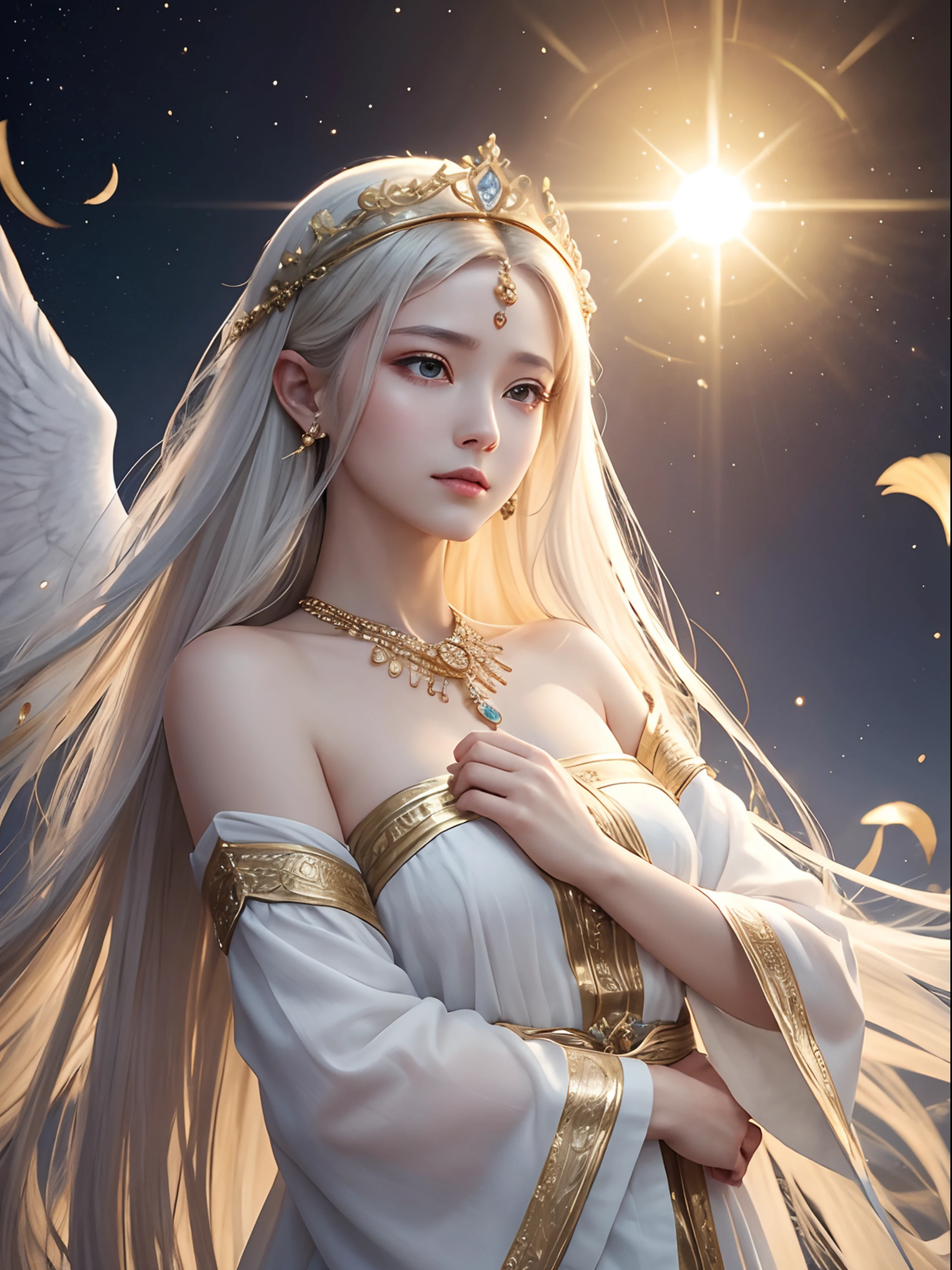 White and gold tones、heaven、top、celestial realm、sankta. Matthew Passion、rokoko、Mystical、Mature adult female、flawless、harmony、mercy、kindliness、Calmness、Resolute、Highest Bit、Goddess of Eternity、eternity、dignity、solemnity、An majestic、sacredness、exalted、noble、glorias、prestige、Dazzling light、brilliance、The Breath of Life、Thanks、delight、wanting、Liberation、salvation、Forgiveness、reuthentic、reform、Neat and bewitching、Lack of coldness、3-point live method、Oil Painting、Best Quality、Perfect angle、perfect-composition、hight resolution、foco nítido、extremely high detail,Goddess 3D Portrait