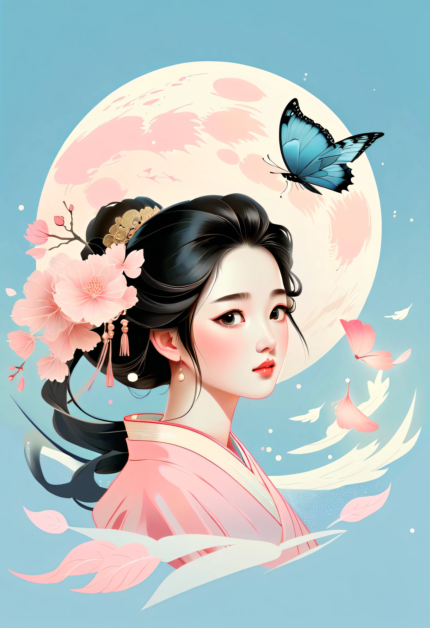 Vector illustration，Flat illustration，Young and beautiful Japanese anime girl，Looks like Liu Yifei，Watery eyes，Exquisite facial features，head gear，butterflys，Behind him there is a decorated moon，in the style of alessandro gottardo, Light blue and pink, Vividly depict movement, Bell Stone, carefully designed, Margaret Brasingham, Light gold and orange，National style，illustration，Chinese style