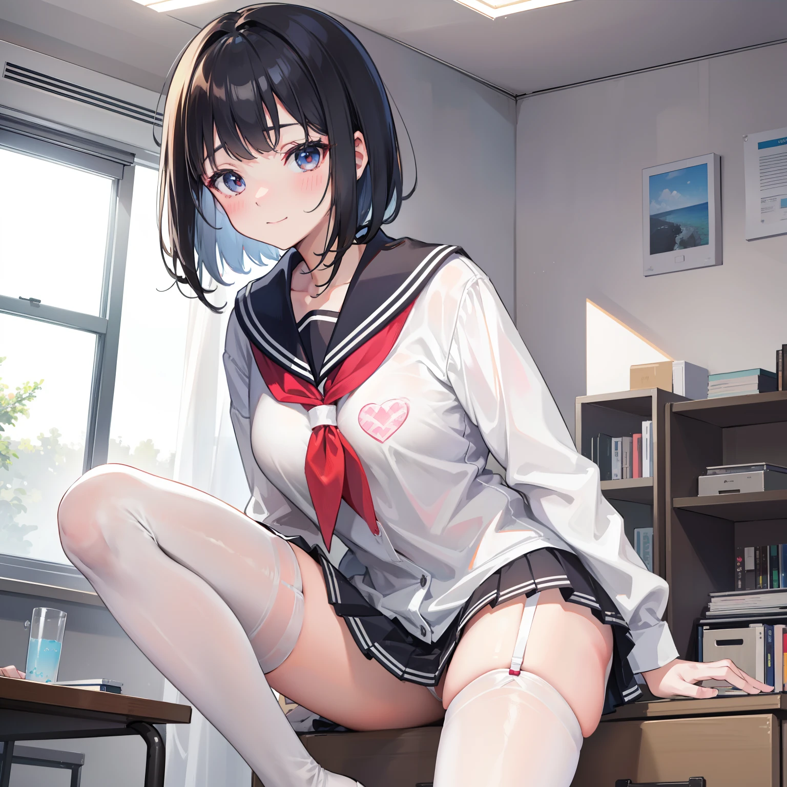 younger sister, Cute bra, 8K, of the highest quality, , look at a camera, Red cheeks, School uniform, embarrassed, Delicate hands, At home, Love brother, Black hair, Bob Hair, show off breasts, Be undress,show off breasts, Chest protruding pose, Eyes are hearts, Grinning, School uniform, a junior high school student, White stockings with open legs that clearly show the legs,,