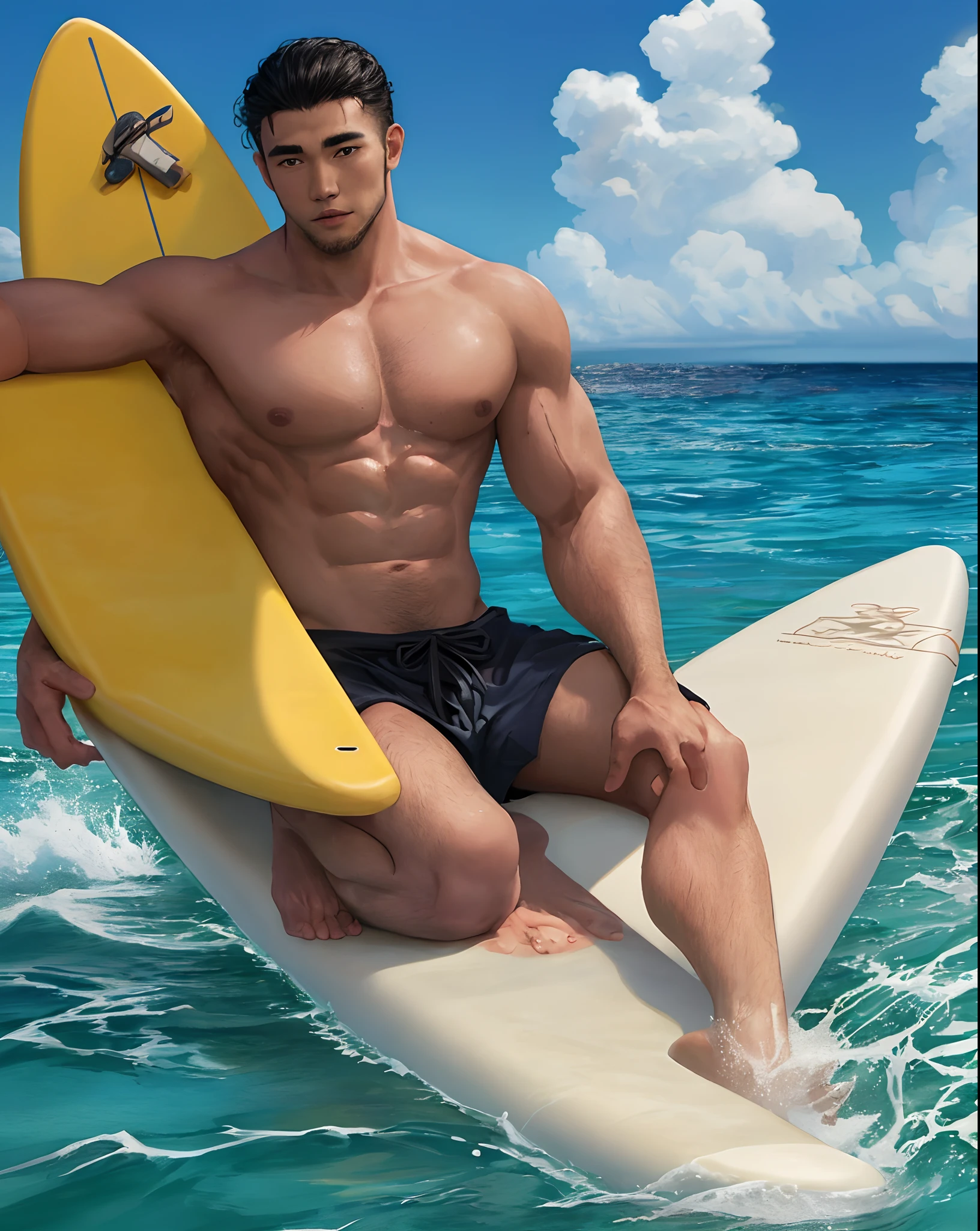 A shirtless handsome Tongan man sitting on a surfboard in the ocean. muscles