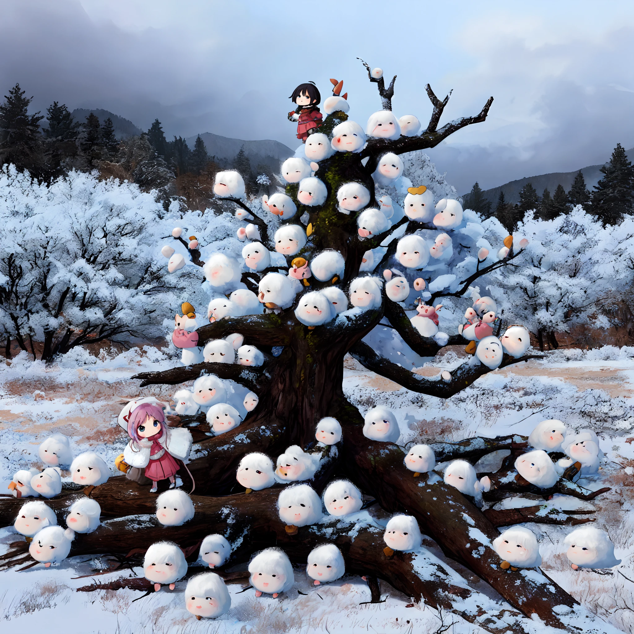 On a withered tree,
Chibi wearing fluffy clothes,
Gathered in large numbers on dead trees,
looks like a single hoarfrost