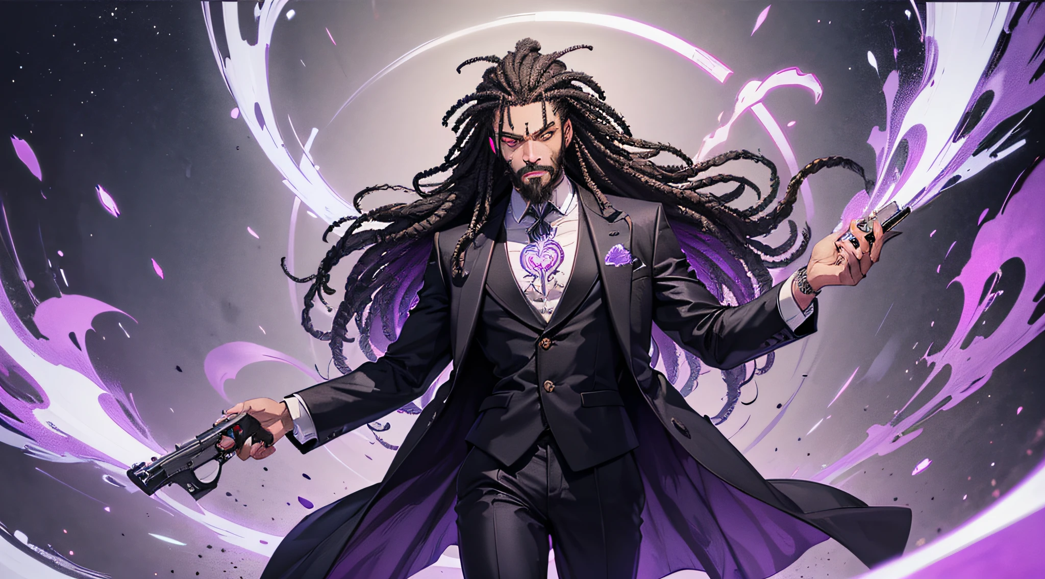 Give me a black boy with long beard and dredlock hair a Afro and a purple and black suit he has glowing purple eyes and the power of mind control and gravity with a big glock in his hand and tattoos on his neck and a nose piercing