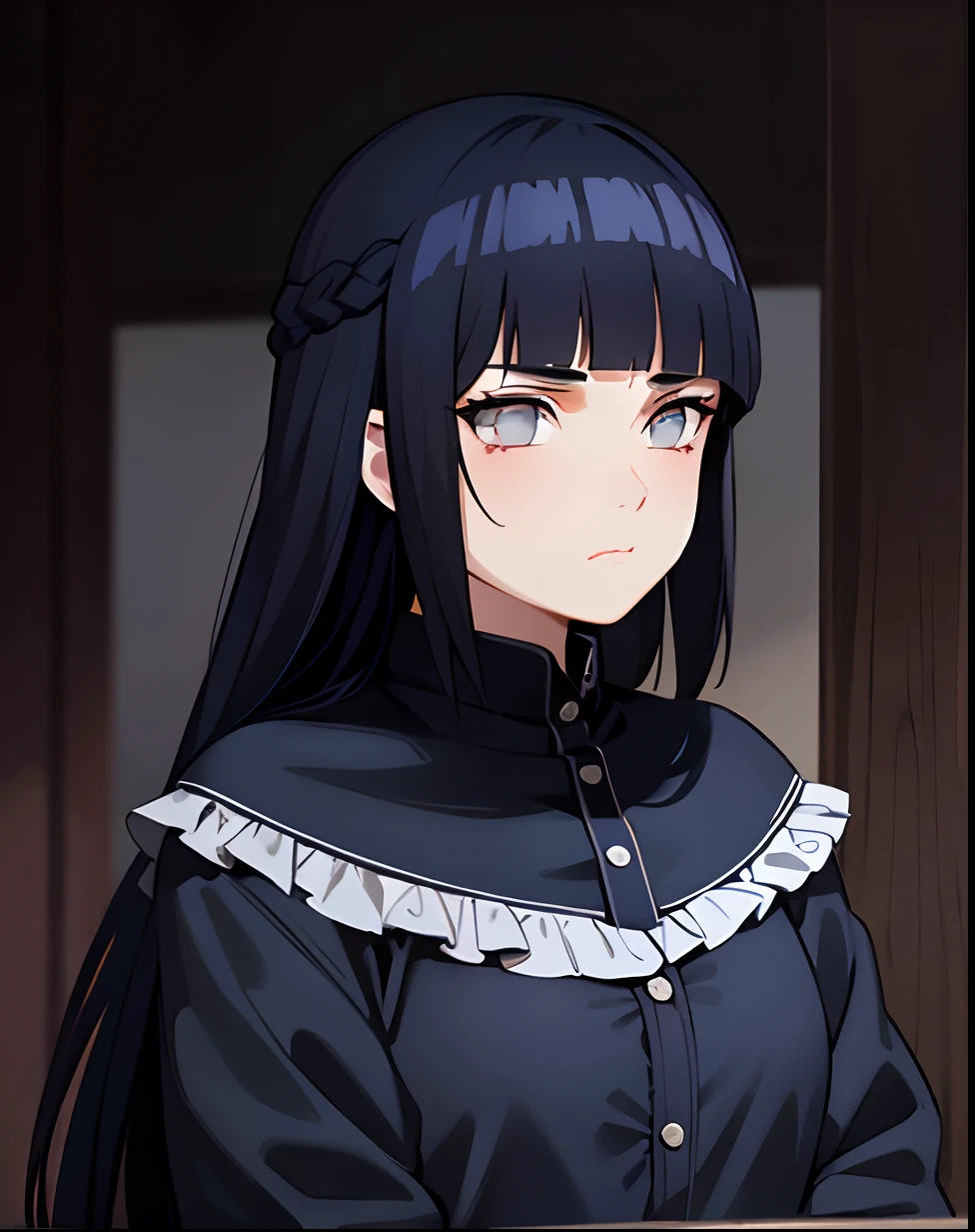 Blunt bangs, dark blue hair, braid hair, pout, halloween