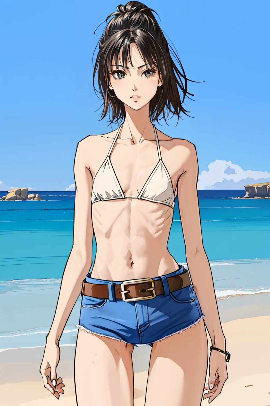 Realitsic very skinny young woman in bikini, Charli D'amelio: 2.0 , naked, ((very very small waist)), ((ribs visible)), thin arms, thin legs, fine and beautiful face. ((Very skinny and fine body)), small breats, flatchest. ((Anorexic girl))., HD, 8k, high quality, ((thick belt at the waist))