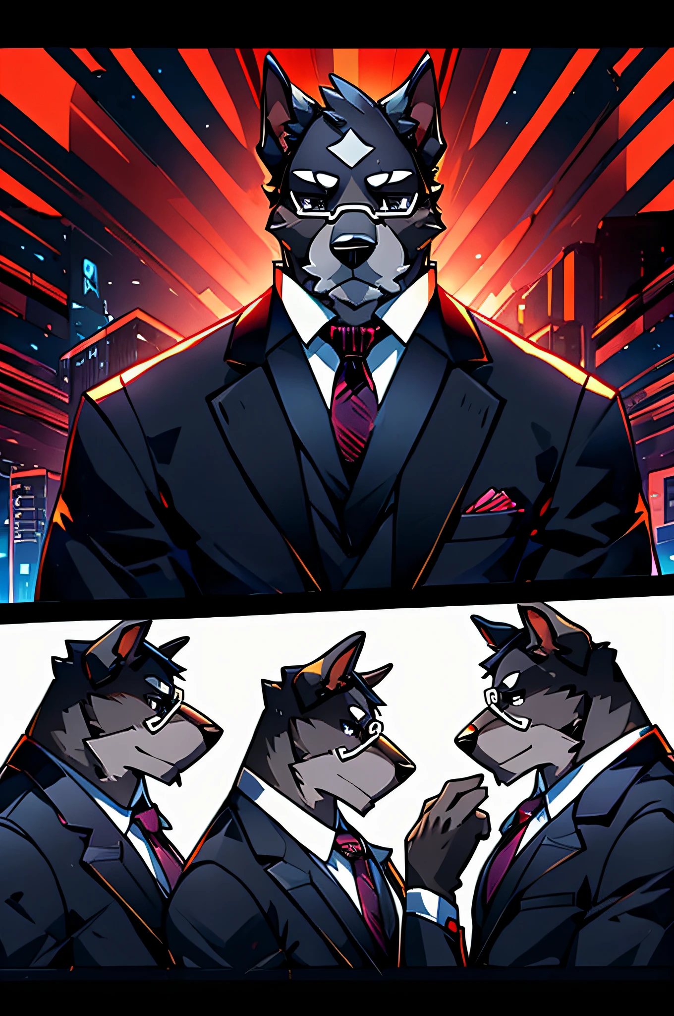 (Man in black suit and tie)comic strip、Anthropomorphic Schnauzer Dog、cyberpunked