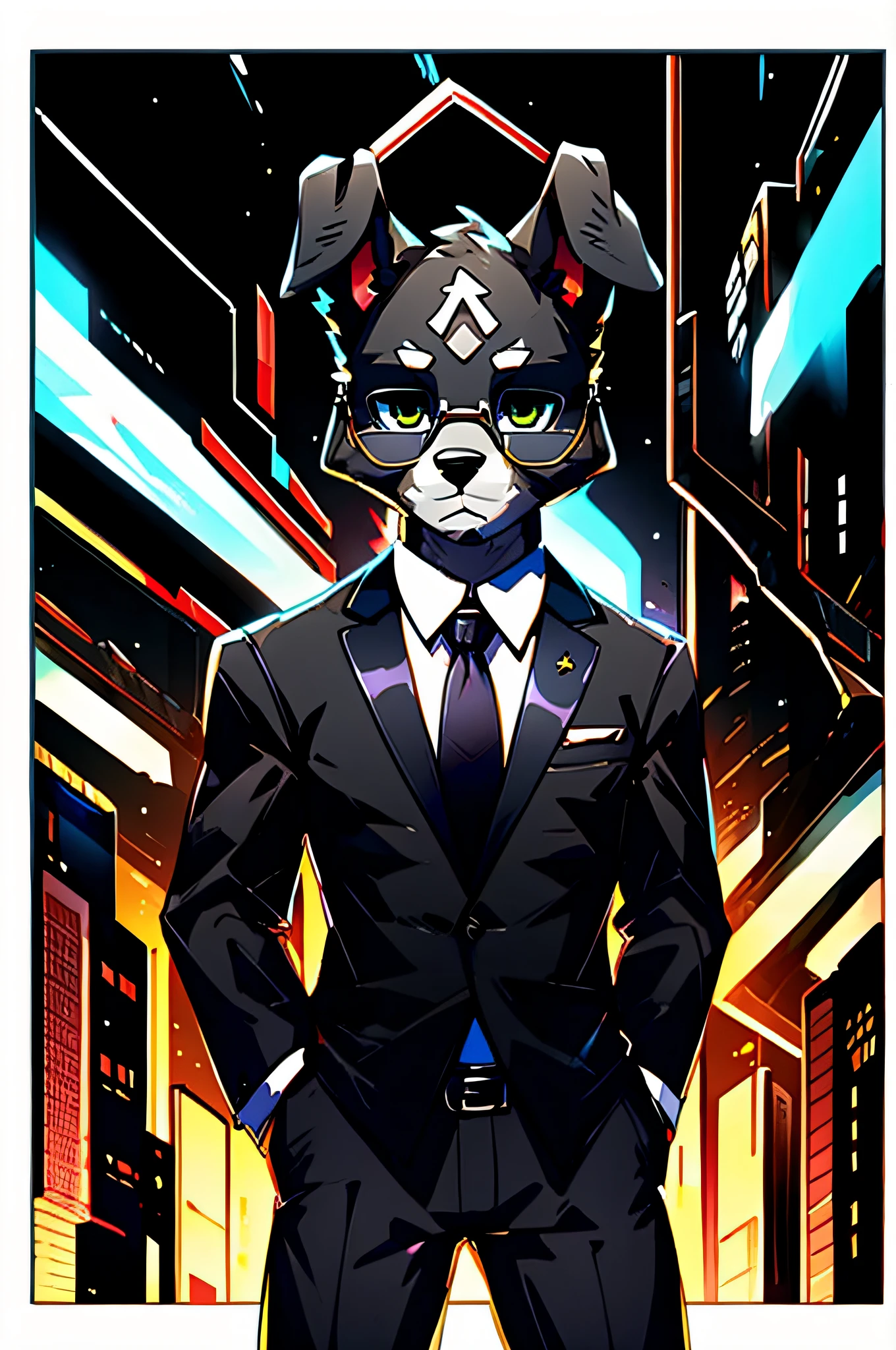 (Man in black suit and tie)comic strip、Anthropomorphic Schnauzer Dog、cyberpunked