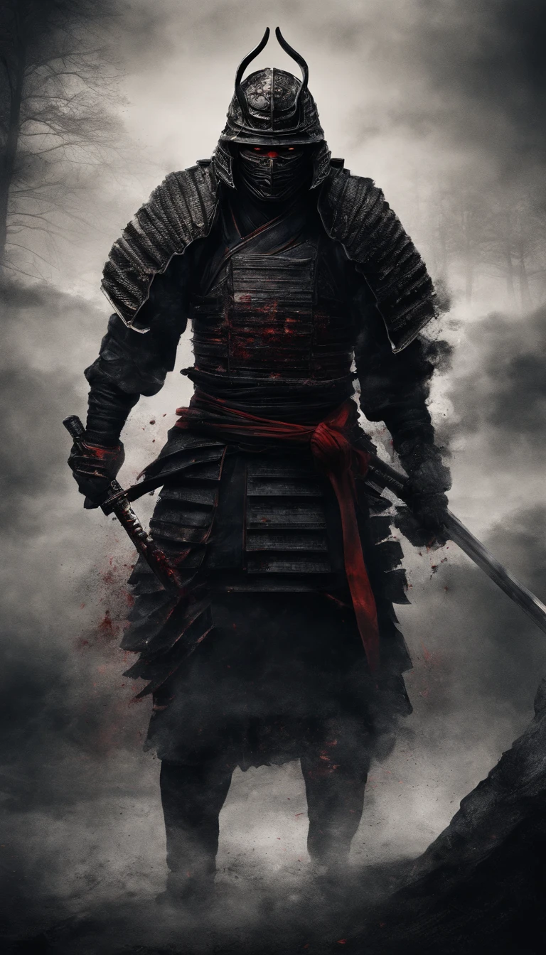 (a powerful samurai warrior:1.1, intense atmosphere, black armored helmet, dark samurai mask covering the face, black gauntlets, black leg armor, glowing red eyes, imposing presence, feudal era noble, Samurai warrior from the Sengoku period, formidable figure, battle-ready, fearless:1.1)