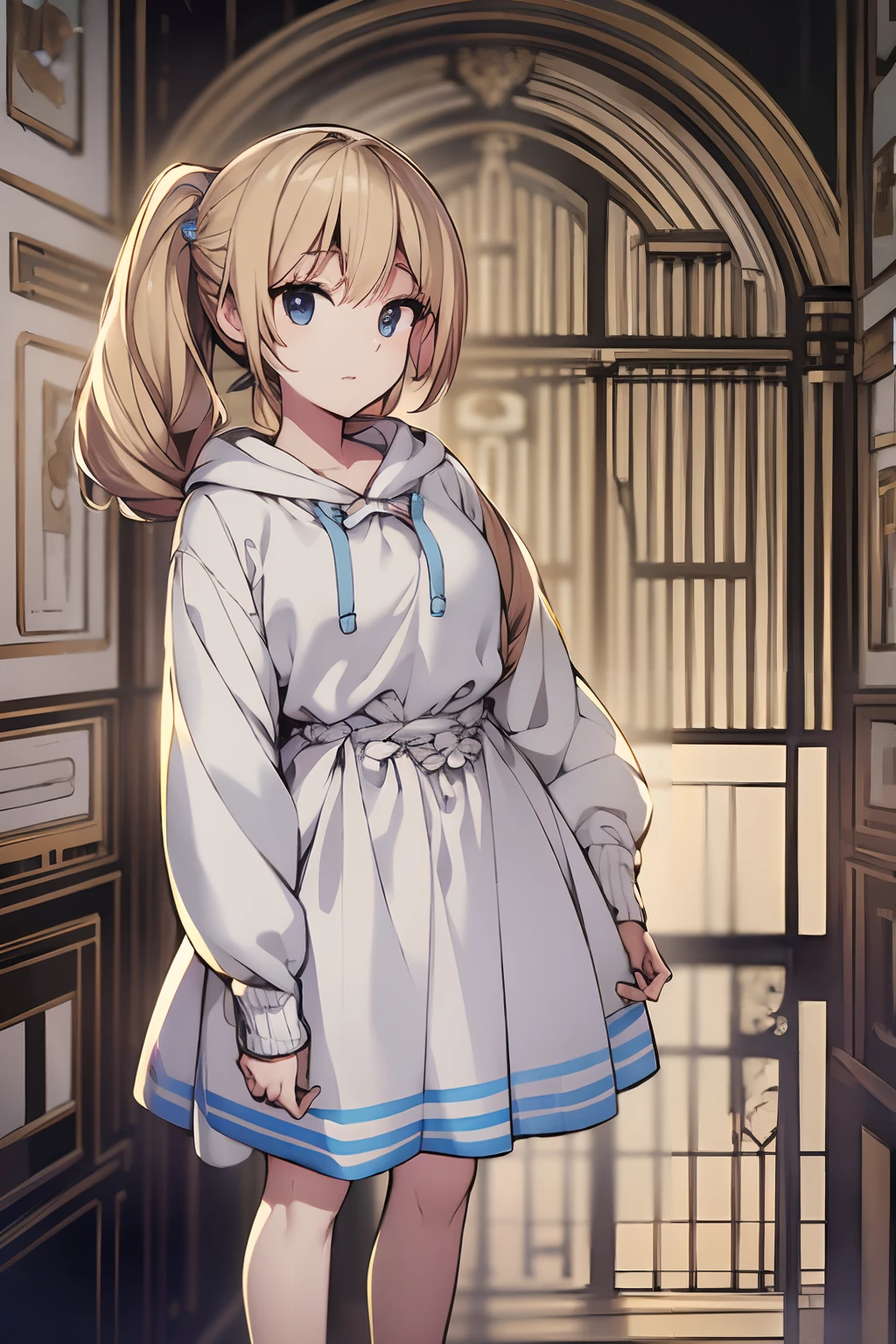 AS-Adult,femele,Cute,nffsw,a blond,Illustration of a standing picture,White and light blue dress,poneyTail,Beige hoodie and long skirt,simple background