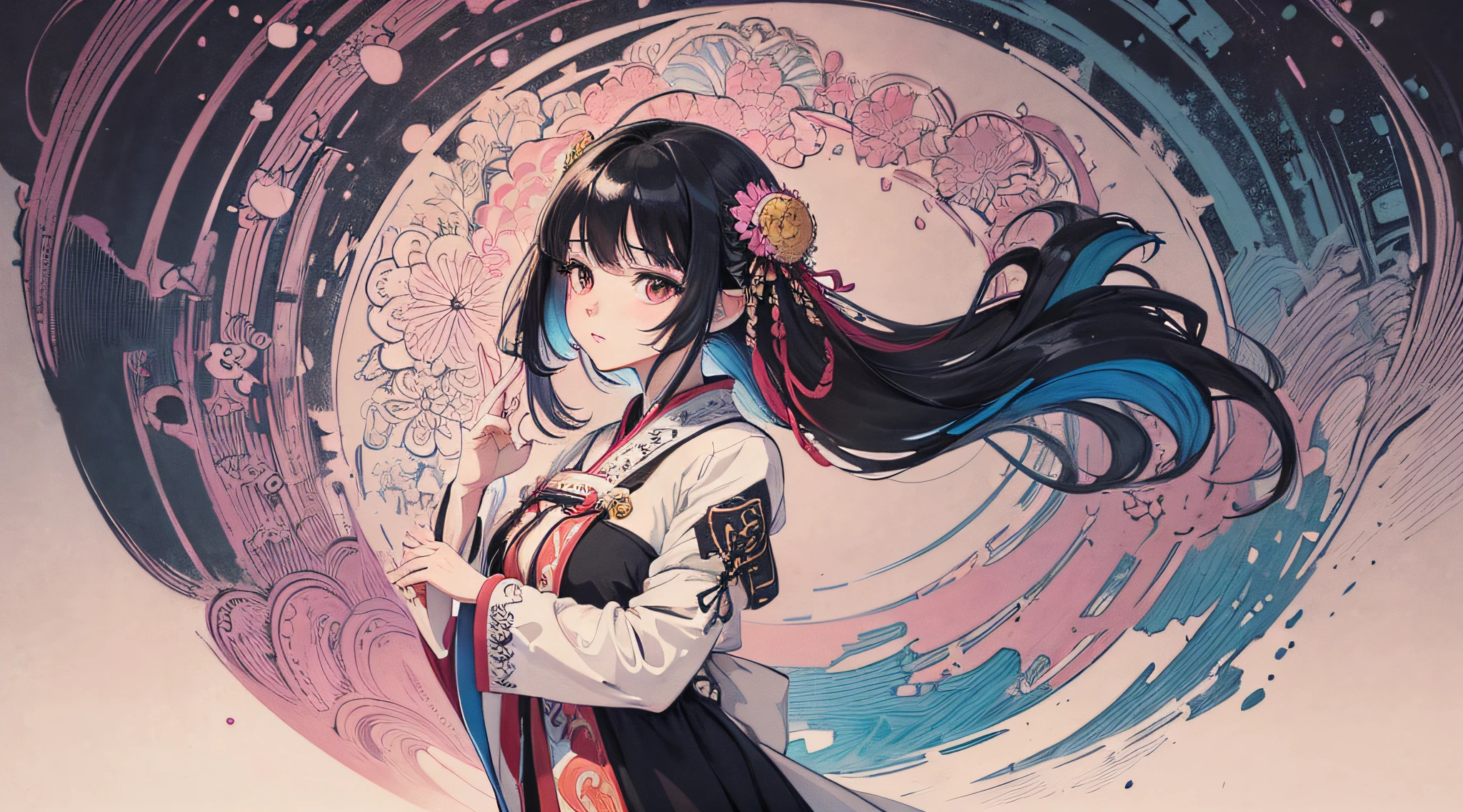 (masterpiece, top quality, best quality, official art, beautiful and aesthetic:1.2), (1girl:1.3), extremely detailed,(fractal art:1.2),colorful,highest detailed,(zentangle:1.2), (dynamic pose), (abstract background:1.5), (treditional dress:1.2), (shiny skin), (many colors:1.4), upper body, masterpiece, best quality,high quality,highres, 16K,RAW,ultra highres,ultra details,finely detail,an extremely delicate and beautiful,extremely detailed,real shadow, anime,highly detailed painted,award winning glamour paintting,wonderful paintting,art style,stylized,