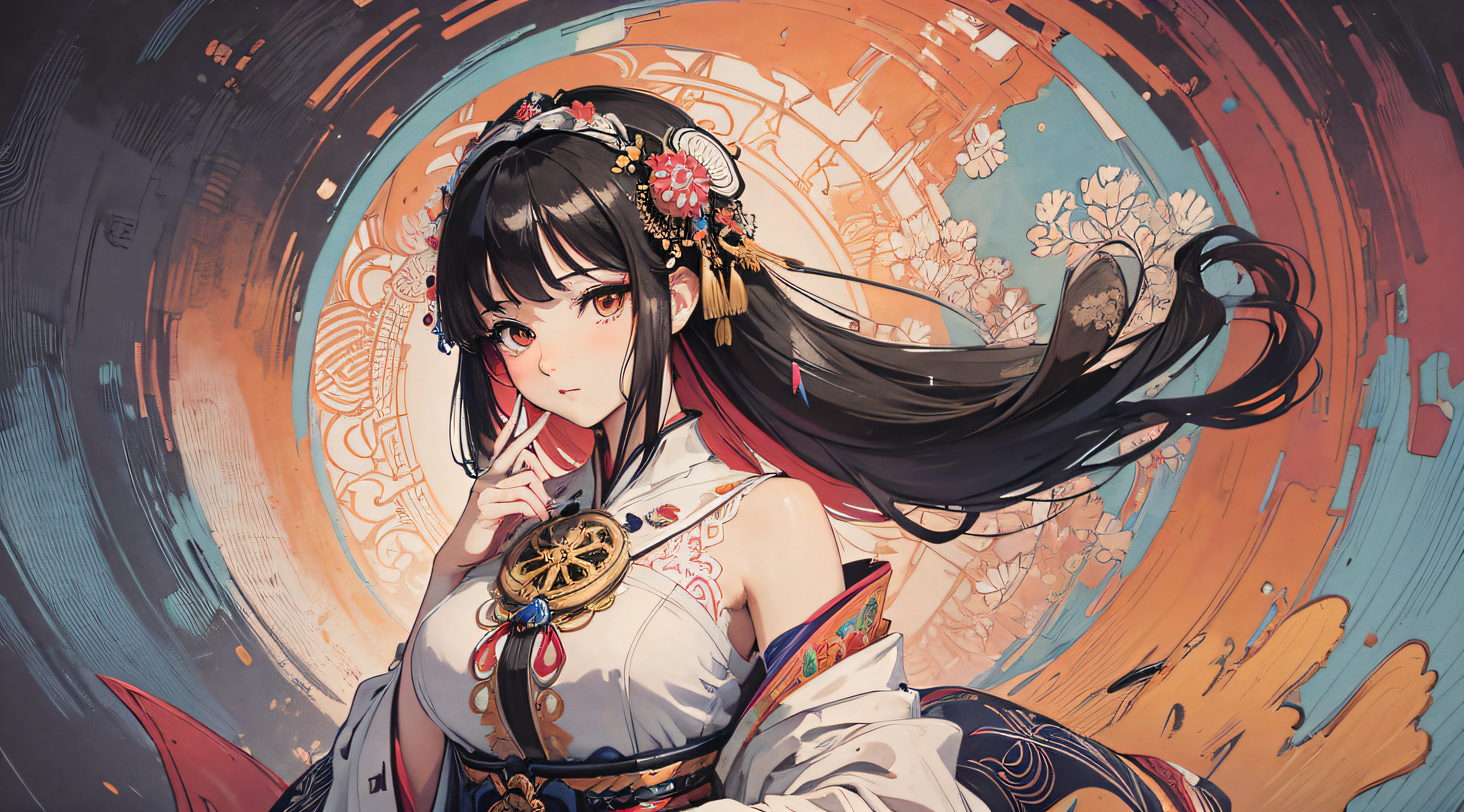 (masterpiece, top quality, best quality, official art, beautiful and aesthetic:1.2), (1girl:1.3), extremely detailed,(fractal art:1.2),colorful,highest detailed,(zentangle:1.2), (dynamic pose), (abstract background:1.5), (treditional dress:1.2), (shiny skin), (many colors:1.4), upper body, masterpiece, best quality,high quality,highres, 16K,RAW,ultra highres,ultra details,finely detail,an extremely delicate and beautiful,extremely detailed,real shadow, anime,highly detailed painted,award winning glamour paintting,wonderful paintting,art style,stylized,