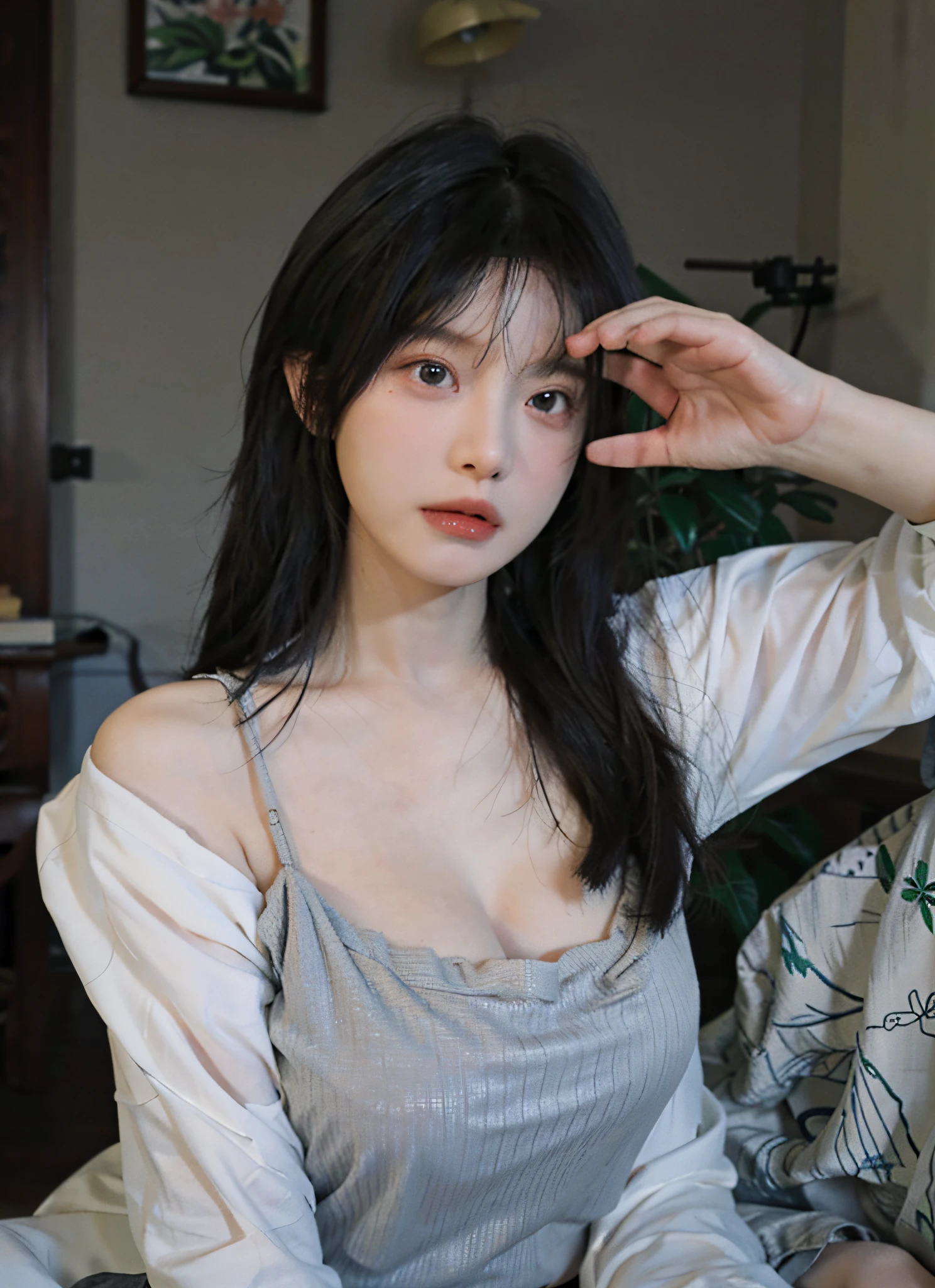 best quality, ultra high resolution, (Realistic:1.4),jewel girl,1 girl, with long coiled hair,stare into the distance,huge cleavage,Red cropped sweater,sense of atmosphere,Beautiful woman with slim figure:1.4, abs,Extra-fine face,delicate eyes,double eyelid,choker necklace