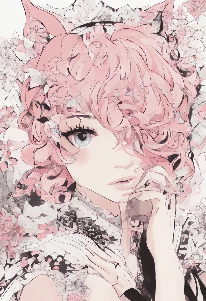 Alisa bosconovitch, melhor qualidade, contemporary, estilo plano, minimalismo, Green Eyes Flat Illustration, cabelo rosa, com flor de cravos no cabelo, cabelo curto, cabelos multicoloridos, Camisa Preta, mechanical wings, Loli em vestido, Head Portrait Close-U, peito pontudo, decote, super decote, middlebreasts, Tekken,cabelo rosa pastel, 1girl, em quimono, hand-painted,Desenho de linha sem cor, colorida do yandere pastel, Tekken, Super cute pink hair girl with gothic makeup on the side, com roupa de empregada,figura esbelta,robusto,He sat on the floor,Vestido com roupas de empregada rosa e branco,cabelos muito curtos,com orelhas de gato,quadratic element,, kawaii cor-de-rosa na roupa da era de 1910, Alisa Bosconovich pink lips, no estilo da paleta de cores suave aurorapunk, an anime illustration of his face, gifs animados, hand drawn animation, charming sketches, suave e brilhante, romantismo nebuloso, Estilo Superflat, fundo branco - ar 1:1 - niji 5 - estilo expressivo --s 50 ,Pink kawaii girl in the era of 1920s clothesPink eagles, vestindo uma camisa branca brilhante, no estilo da paleta de cores suave aurorapunk, an anime illustration of his face, gifs animados, hand drawn animation, charming sketches, suave e brilhante, romantismo nebuloso, Estilo Superflat, fundo branco - ar 1:1 - niji 5 - estilo expressivo --s 50, Absurdo, alto, ultra detalhados, (1girl:1.3), quebrar , Crie uma imagem com uma bela caligrafia, com letras expressivas, floreios elegantes e um senso de habilidade e habilidade, Lesser Dragon,garota,Hands on arms