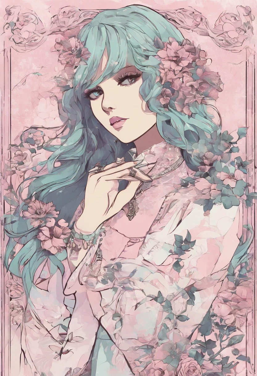 Alisa bosconovitch, melhor qualidade, contemporary, estilo plano, minimalismo, Green Eyes Flat Illustration, cabelo rosa, com flor de cravos no cabelo, cabelo curto, cabelos multicoloridos, Camisa Preta, mechanical wings, Loli em vestido, Head Portrait Close-U, peito pontudo, decote, super decote, middlebreasts, Tekken，cabelo rosa pastel, 1girl, em quimono, hand-painted，Desenho de linha sem cor, colorida do yandere pastel, Tekken, Super cute pink hair girl with gothic makeup on the side, com roupa de empregada，figura esbelta，robusto，He sat on the floor，Vestido com roupas de empregada rosa e branco，cabelos muito curtos，com orelhas de gato，quadratic element，, kawaii cor-de-rosa na roupa da era de 1910, Alisa Bosconovich pink lips, no estilo da paleta de cores suave aurorapunk, an anime illustration of his face, gifs animados, hand drawn animation, charming sketches, suave e brilhante, romantismo nebuloso, Estilo Superflat, fundo branco - ar 1:1 - niji 5 - estilo expressivo --s 50 ,Pink kawaii girl in the era of 1920s clothesPink eagles, vestindo uma camisa branca brilhante, no estilo da paleta de cores suave aurorapunk, an anime illustration of his face, gifs animados, hand drawn animation, charming sketches, suave e brilhante, romantismo nebuloso, Estilo Superflat, fundo branco - ar 1:1 - niji 5 - estilo expressivo --s 50, Absurdo, alto, ultra detalhados, (1girl:1.3), quebrar , Crie uma imagem com uma bela caligrafia, com letras expressivas, floreios elegantes e um senso de habilidade e habilidade, Lesser Dragon，garota，Hands on arms