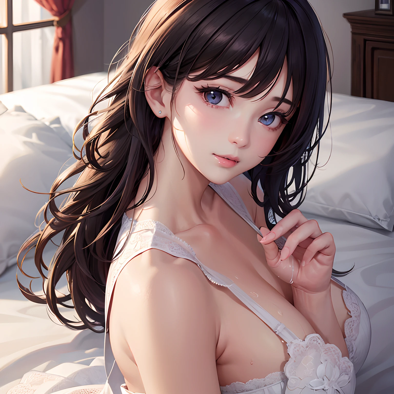 top-quality、ultra - detailed、tmasterpiece、hentail realism、photoreali、Mother in her 40s, similarity, Loves, Perfect hand、detailed finger、Beautiful detailed eyes, Bedroom, Shy, sheer, Wet, NSFW,