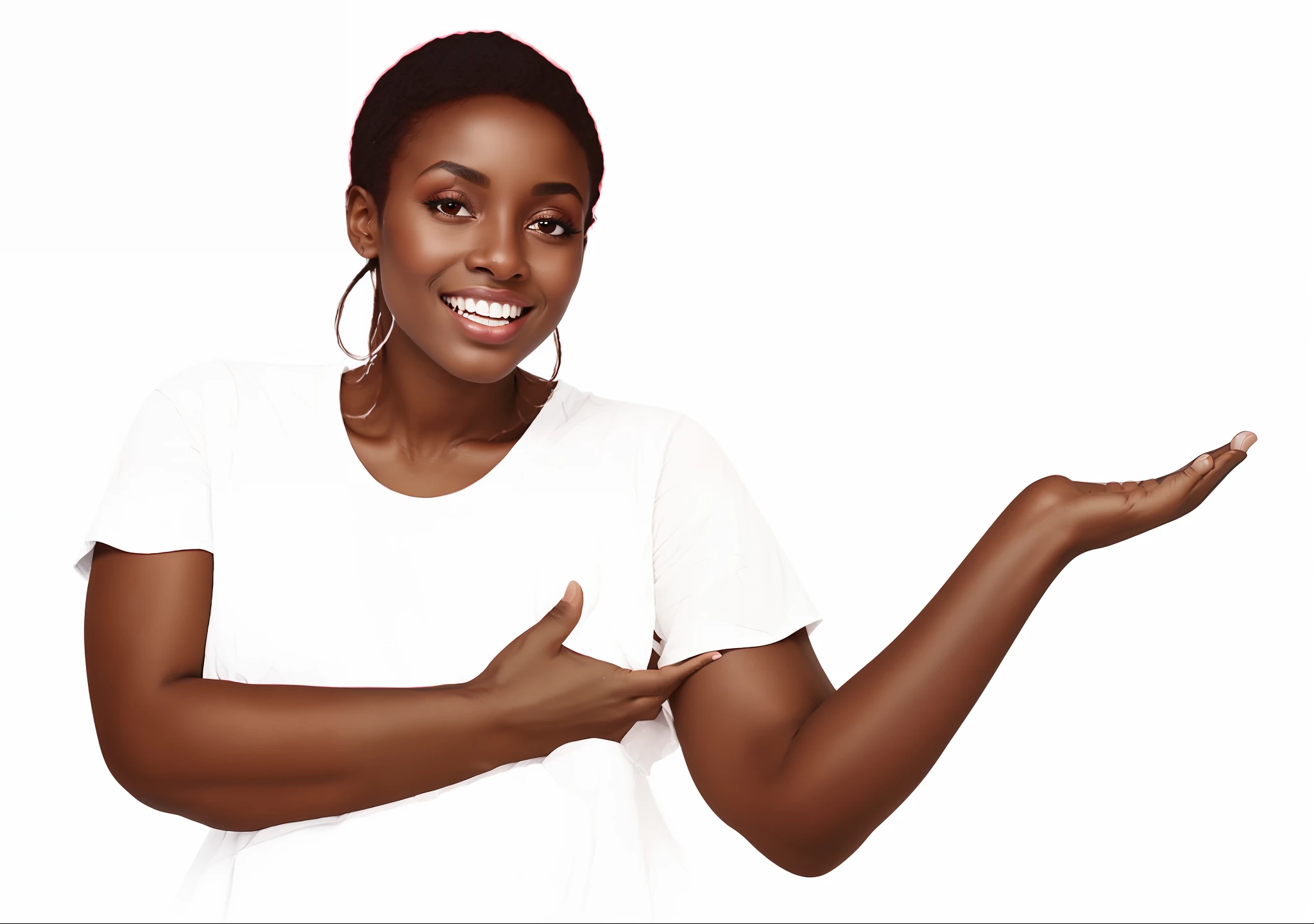 cantora angolana diva ary, pele escura, mulher negra, com uma t shirt branca , White short-sleeved t-shirt doing jesto with your hands as if presenting something that is next to you, ( ( pele escura ) ), There's a woman holding out her hand with a smile, Album art, sem antecedentes, solid background, Directed by: Chinwe Chukwuogo-Roy, 5 feet away, Maria Borges, peak experience ", inspirado em Chinwe Chukwuogo-Roy, fundo transparente, 'fundo branco'!!!, Arte digital, mulher segurando outra mulher