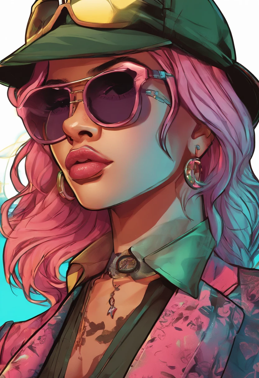 gtav style award winning half body portrait of a woman in a croptop and cargo pants with ombre navy blue teal hairstyle with head in motion and hair flying, paint splashes, splatter, outrun, vaporware, shaded flat illustration, digital art, trending on artstation, highly detailed, fine detail, intricate