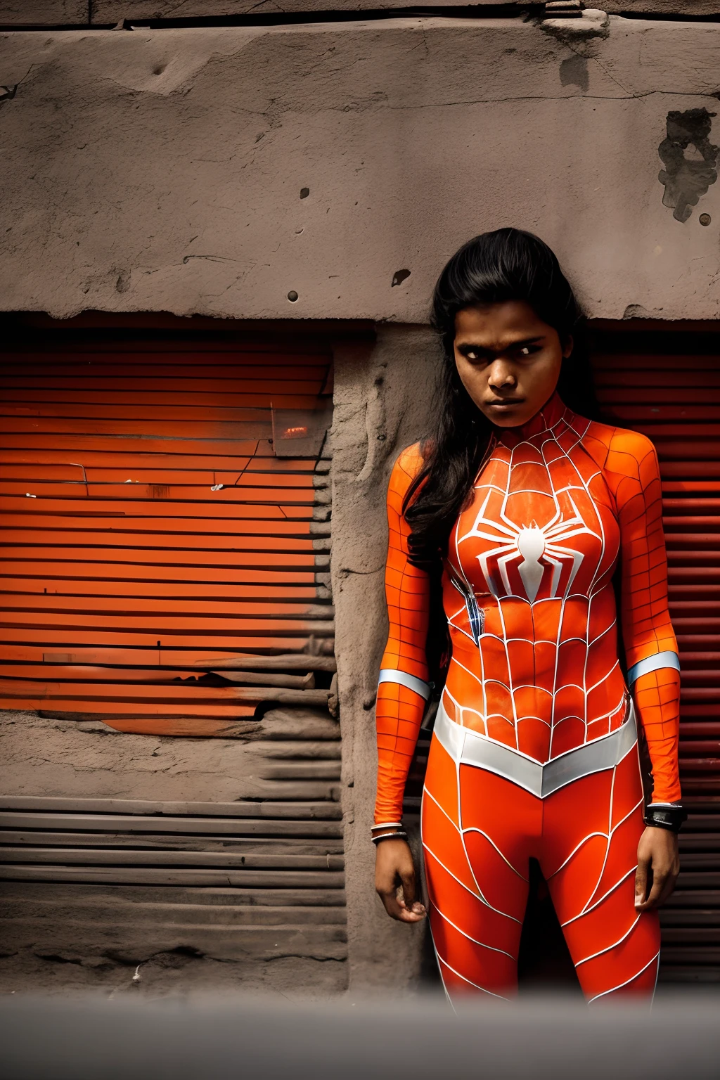 a Spider-Man like superhero with a orange-white suit with the letter W as the logo on her chest. It is a female character in a indian slum background shot with a Leica M6 camera --auto --s2