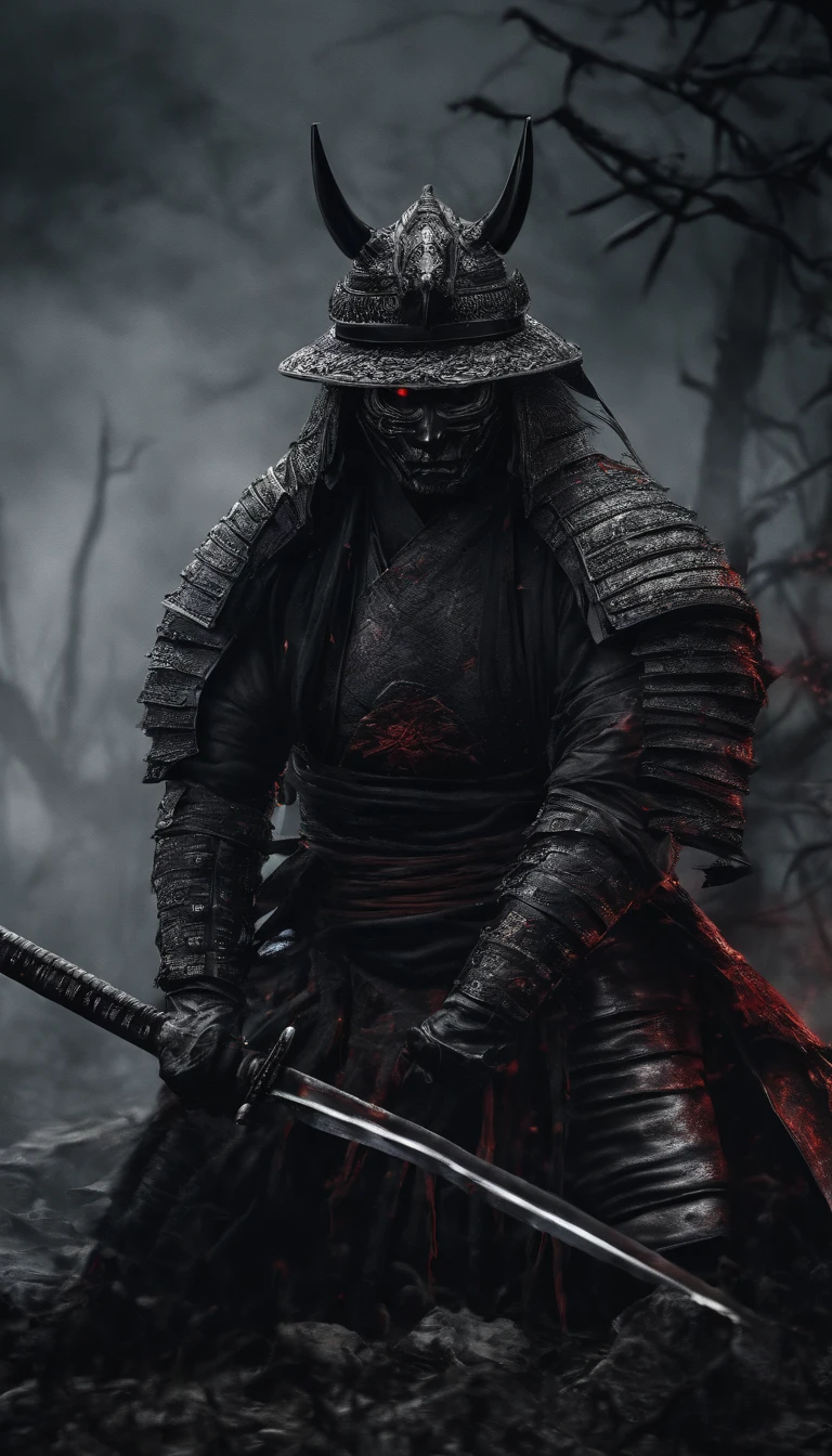 (Best quality,4K,8K,A high resolution,Masterpiece:1.2),Ultra-detailed,Realistic:1.37,Samurai of the Sengoku period of Japan,Wear full samurai armor,Black samurai mask,Holding a sharp katana,A strong sense of oppression,Glowing red eyes