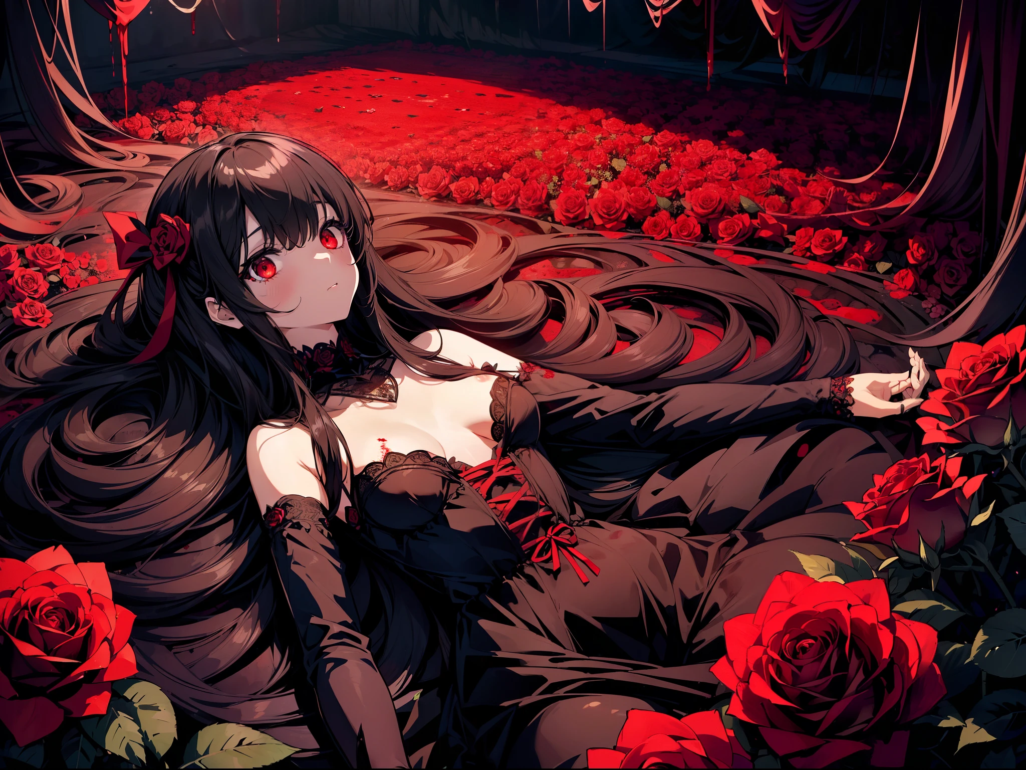 1 loli girl , (lying surrounded by many roses), (Faintly emerge from the darkness) ,horror, blood sea, bloody body ,upper body , ((rape face)) , black long straight hair, hair ribbon , red eyes, glowing eyes, ((horror)) ,((masterpiece)), ((best quality)), ((ultra-detailed)), (illustration), ((an extremely delicate and beautiful))