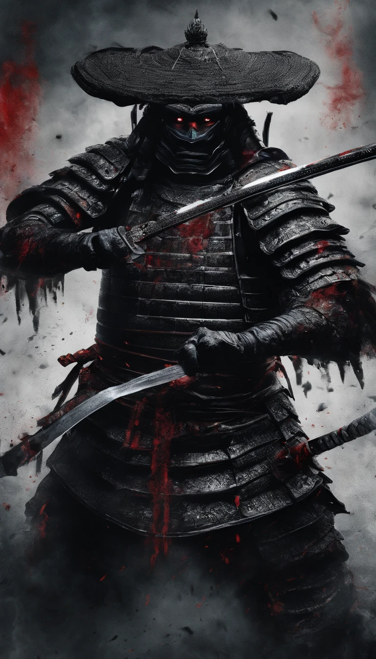 (Best quality,4K,8K,A high resolution,Masterpiece:1.2),Ultra-detailed,Realistic:1.37,Samurai of the Sengoku period of Japan,Wear full samurai armor,Black samurai mask,Holding a sharp katana,A strong sense of oppression,Glowing red eyes