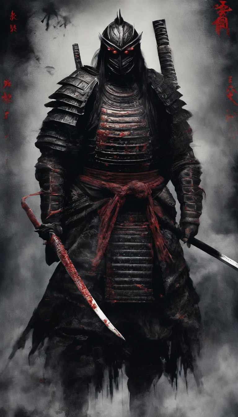 (Best quality,4K,8K,A high resolution,Masterpiece:1.2),Ultra-detailed,Realistic:1.37,Samurai of the Sengoku period of Japan,Wear full samurai armor,Black samurai mask,Holding a sharp katana,A strong sense of oppression,Glowing red eyes