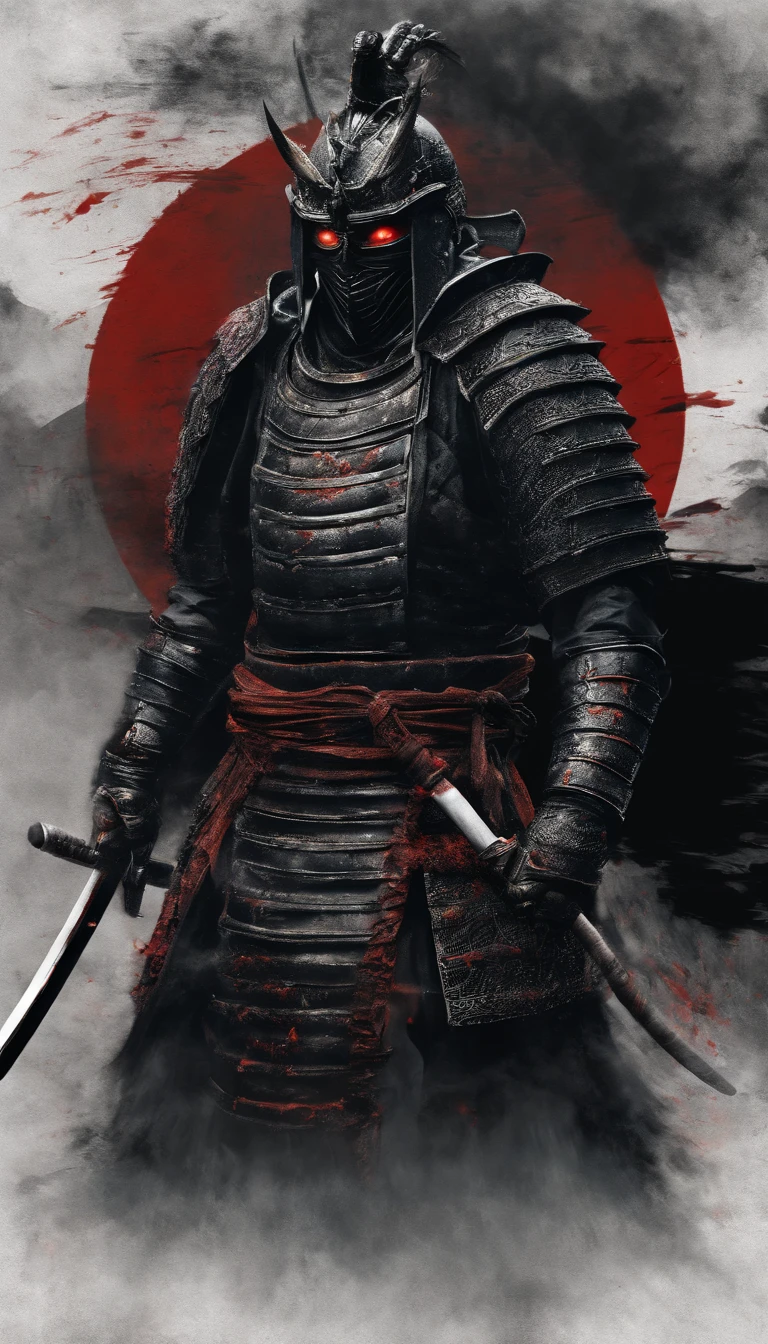 (Best quality,4K,8K,A high resolution,Masterpiece:1.2),Ultra-detailed,Realistic:1.37,Samurai of the Sengoku period of Japan,Wear full samurai armor,Black samurai mask,Holding a sharp katana,A strong sense of oppression,Glowing red eyes