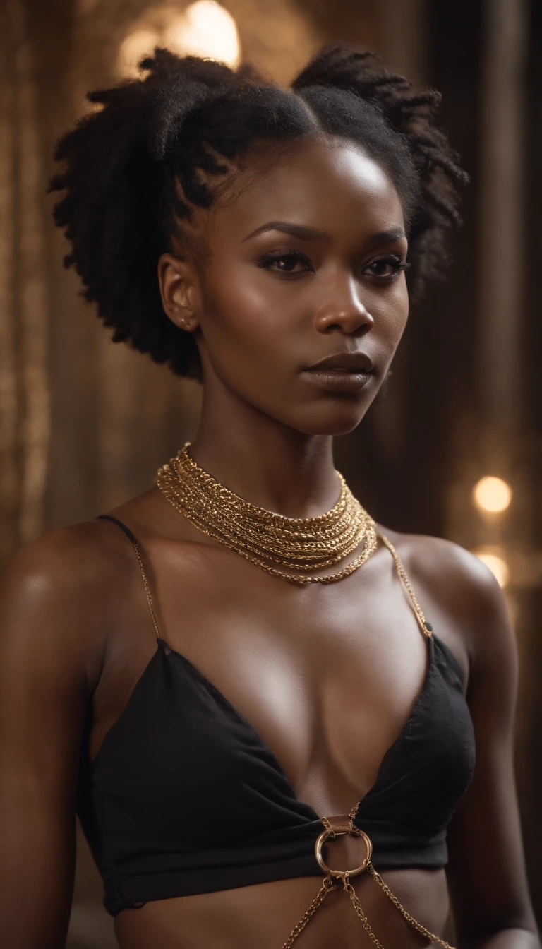 Afro Ghotic woman cut with big bare breasts and piercing in gold chains