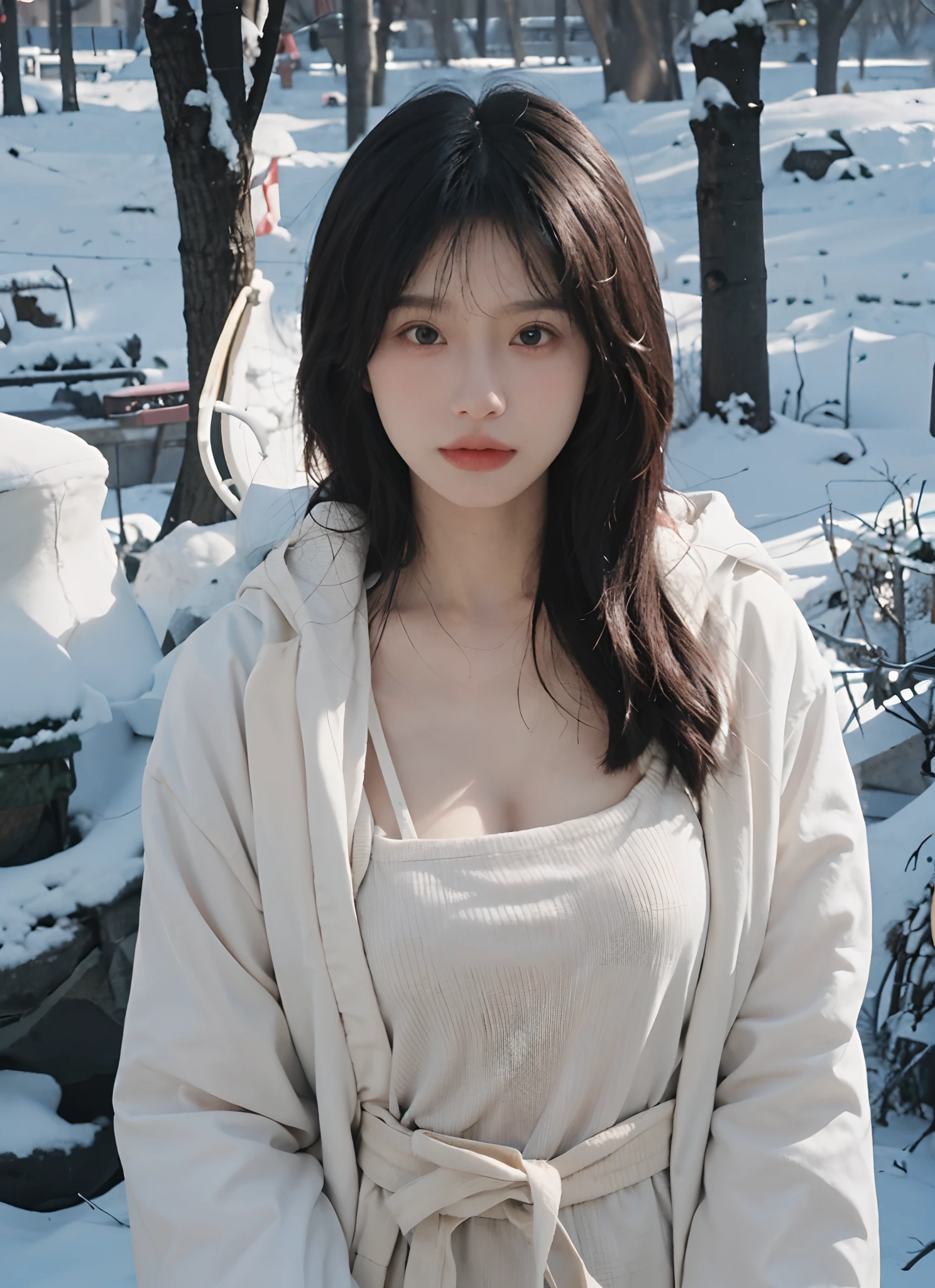 best qualtiy, 超高分辨率, (realisticlying:1.4), one-girl,Pink Long Hair, A pair of clear and moving eyes,Royal Sister,Snow white coat, looking at viewert, closeup cleavage ,