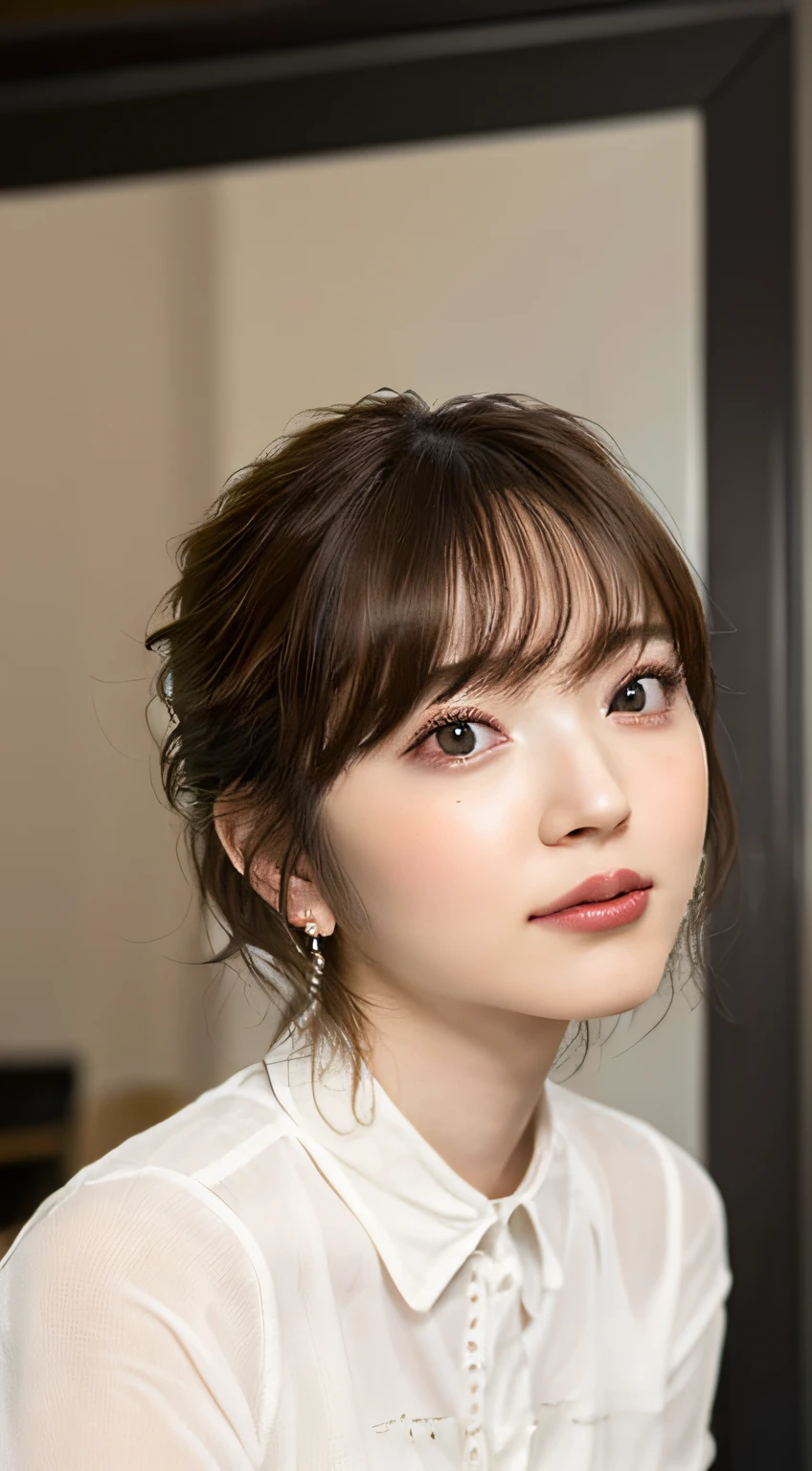 Best Quality, 8k, Masterpiece, Full Body Photo, Focus Clear, Beauty with Outstanding Style, Highly Detailed Face and Skin Texture, Detailed Eyes, Double Eyelids, Office, Full Body, Short Hair, Big, See-through, White Business Shirt, Black Skirt