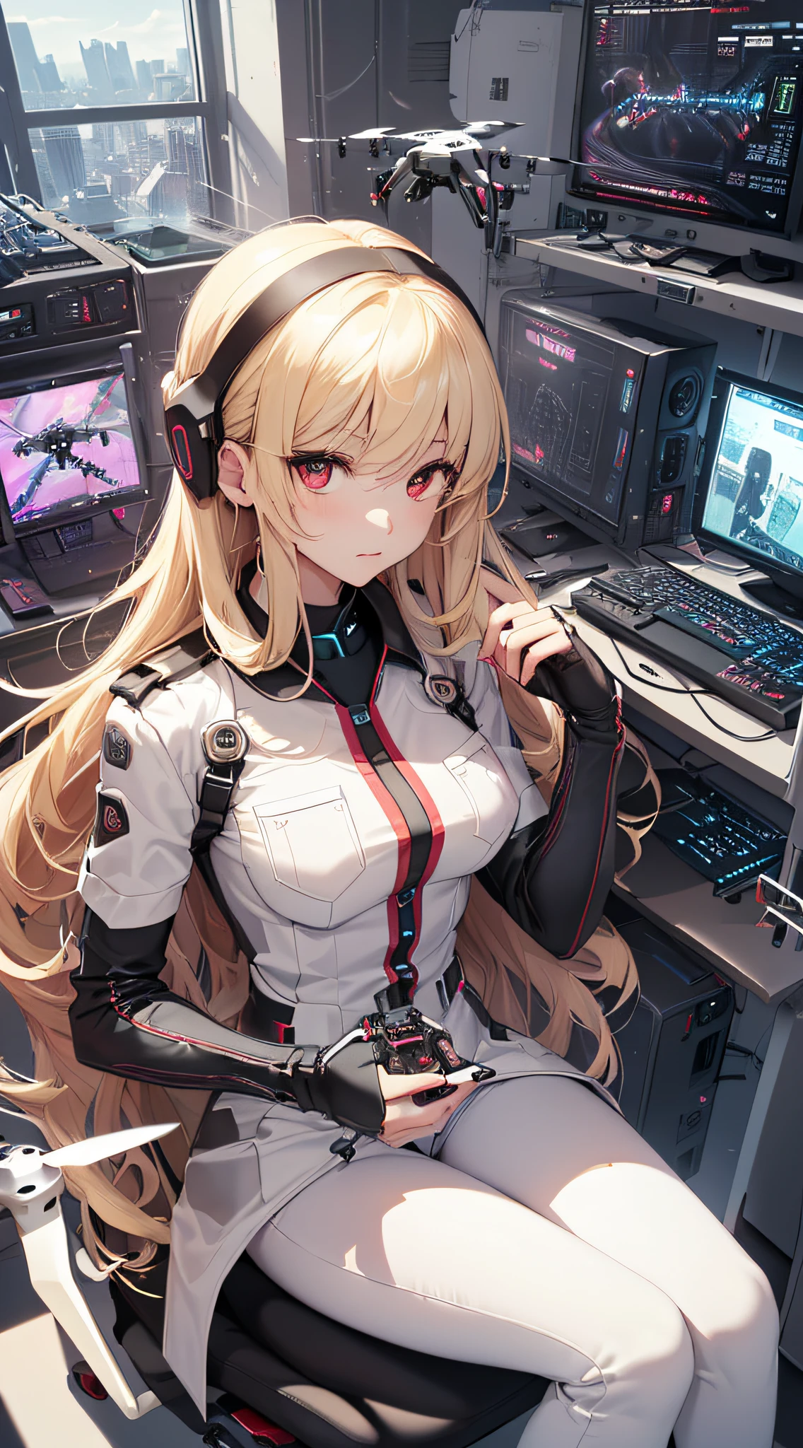 top-quality、Top image quality、​masterpiece、girl with((cute little、18year old、Best Bust、Medium bust、Bust 85,Red eyes to issue、Breasts wide open,Valley、Blonde long hair、A slender、Manteau blanc、Black Y-shirt with open buttons、White pants、walk、hands in the pocket、sit a chair）hiquality、Beautiful Art、Background with((Cyber Laboratories,Many drones)),Depth((Lots of monitors))masutepiece、Elaborate design、visualart、depth of fields、Being in the air、weightless