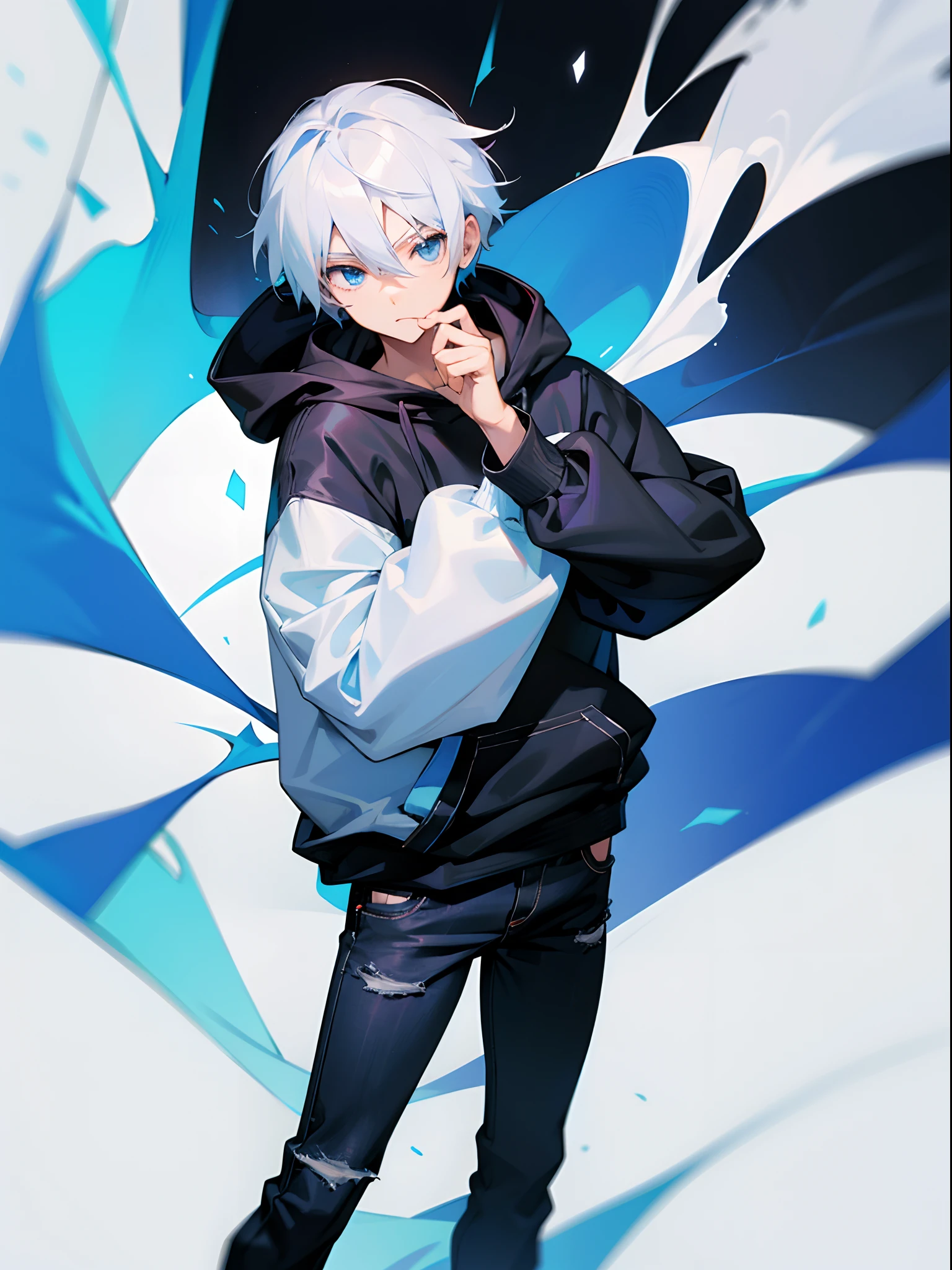 1 boy, cover, Juvenile, masterpiece, full body, ultra-detailed, Black headband on the forehead, white hair, hair strand, low ponytail, mullet, hood down, mole under eye, raised eyebrows, blue eyes, tiger ears, jitome, fang out, white hoodie, Chinese style scene, solo, cinematic lighting, UHD, super detail <lora:cover:0.6>, logo, title, Graphic Design, poster, page,