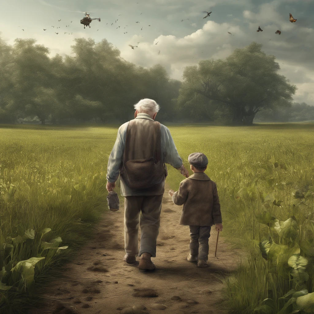 An old man and a little boy go to a field looking for frogs