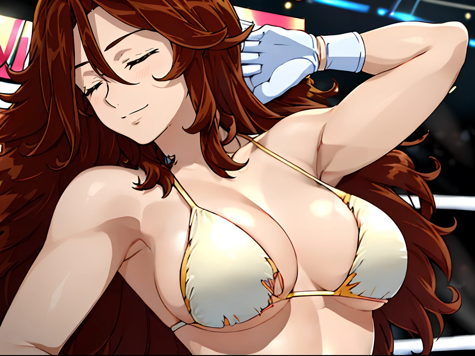 hug, Elegant lady, (upper body only), anime style: 1.8, anime drawing, ultra detailed face, ultra detailed body, 4k, Sumergai Lee Noriega, (sleeping down on arena, closed eyes), best quality, anime style, hires, highest definition, digital blending, bold drawing lines, ((wwe diva), (location: wrestling arena, crowds watching), ( slim body, (little biceps), , off-shoulders, closed fists, (curvy: 2.8)), ((TORN bikini , white gloves, collar, armpit protector, (chaps))), victorious, winner, gentle, (pale skin, shiny skin, very big breasts, smile), (big eyes, brown eyes), (clapping), (brown hair, loose hair, curly hair, wavy hair, long hair, missy hair), 27 years old,