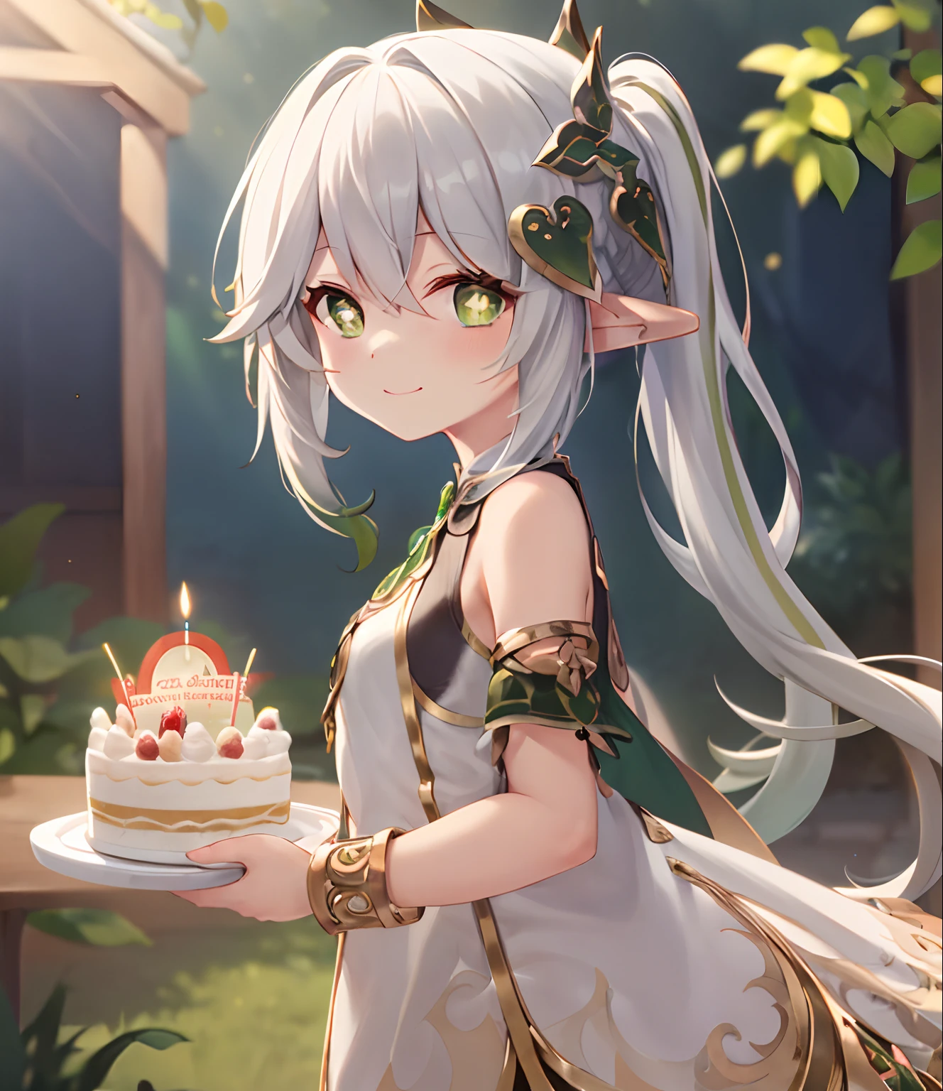 masterpiece, top-quality, 1girl in, 独奏, Nahida_Genshin, cross-shaped pupils, default_Dress, Green Cape、film like、light and shadows、Indirect light、Birthday、a cake、in a house、cafes、from the front side、eating cakes、Upper body only、A smile、Shy face、Perfect Lighting, extremely details CG, (Perfect hands, Perfect Anatomy),