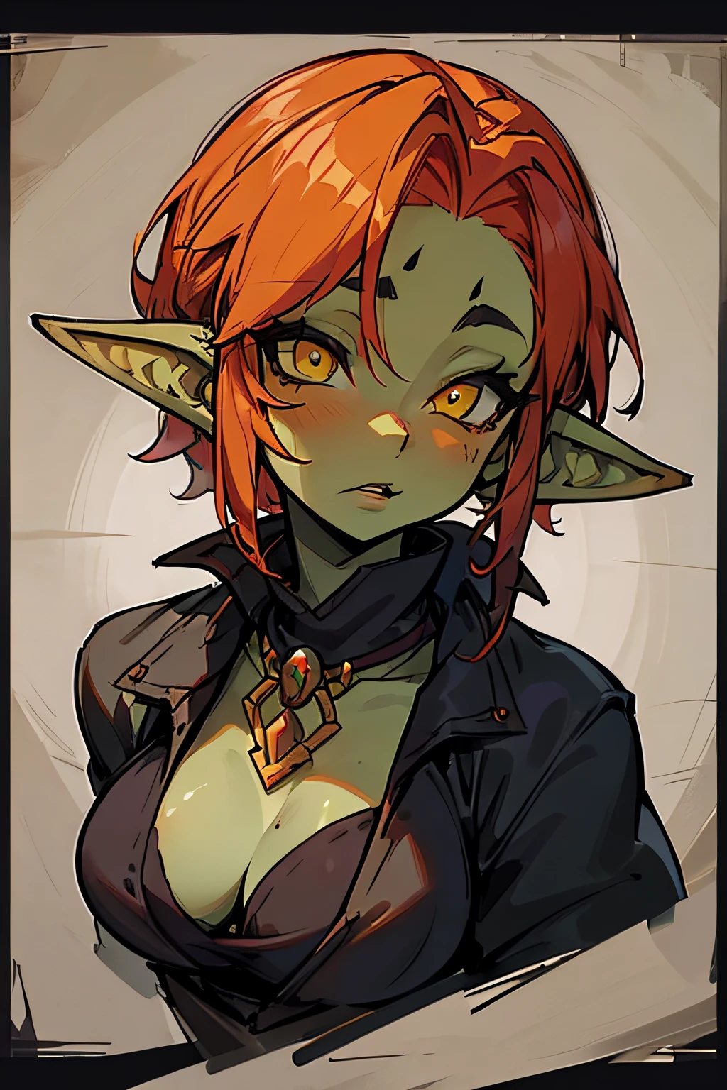 Goblin Girl,Redhead, Robber's clothes, Sorcerer Archaeus, Yellow eyes, black make-up, Portrait in DND style