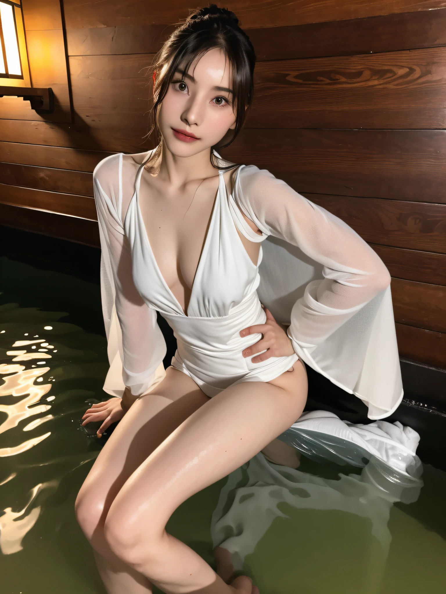 top-quality、masterpiece、超A high resolution、(Photorealsitic:1.4)、Raw photo、1人、glowy skin、Wet body、Dramatic Writing、full body Esbian、female dog、hot onsen、爆乳、gravure、