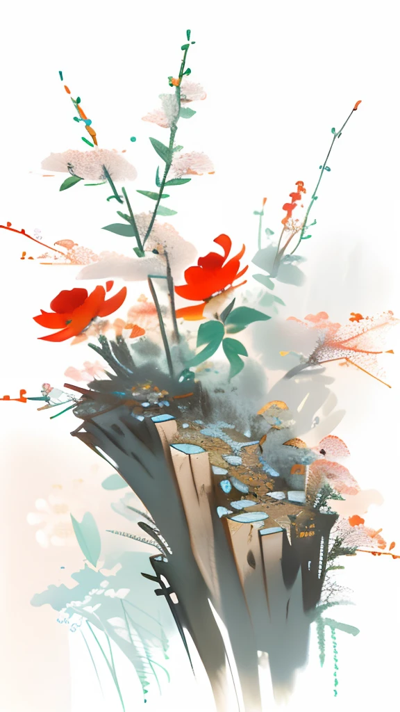 birds and flowers，[(White background:1.5)::5]，中景 the scene is，full bodyesbian，China-style，florals，stone fragment，Beautiful and delicate water，Wood grain