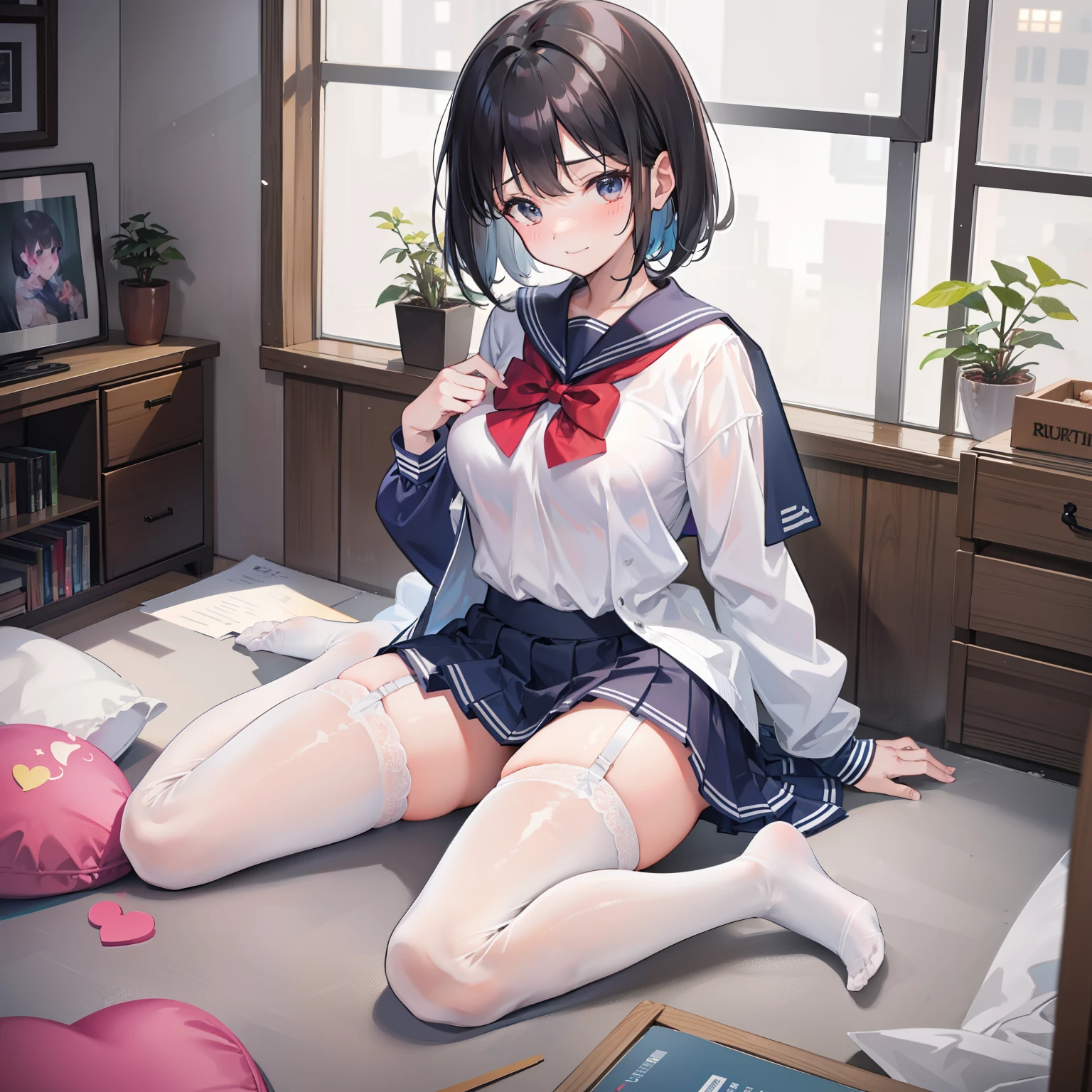 younger sister, Cute bra, 8K, of the highest quality, 14 years old, look at a camera, Red cheeks, School uniform, embarrassed, Delicate hands, At home, Love brother, Black hair, Bob Hair, show off , Be undress，show off ,  protruding pose, Eyes are hearts, Grinning, School uniform, a junior high school student, White stockings with  that clearly show the legs,,