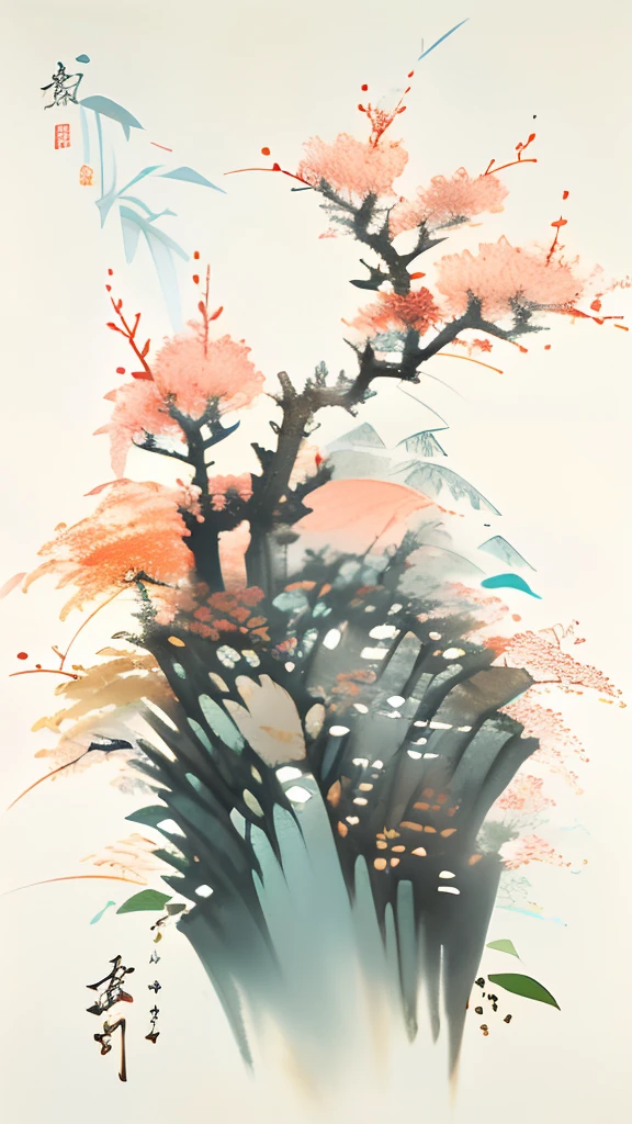 birds and flowers，[(White background:1.5)::5]，中景 the scene is，full bodyesbian，China-style，florals，stone fragment，Beautiful and delicate water，Wood grain