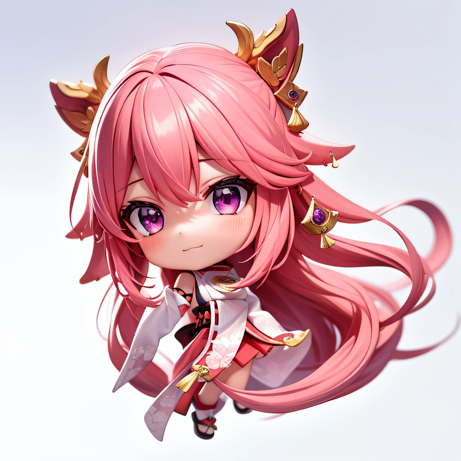 yae miko chibi, pink hair, purple eyes, White Background